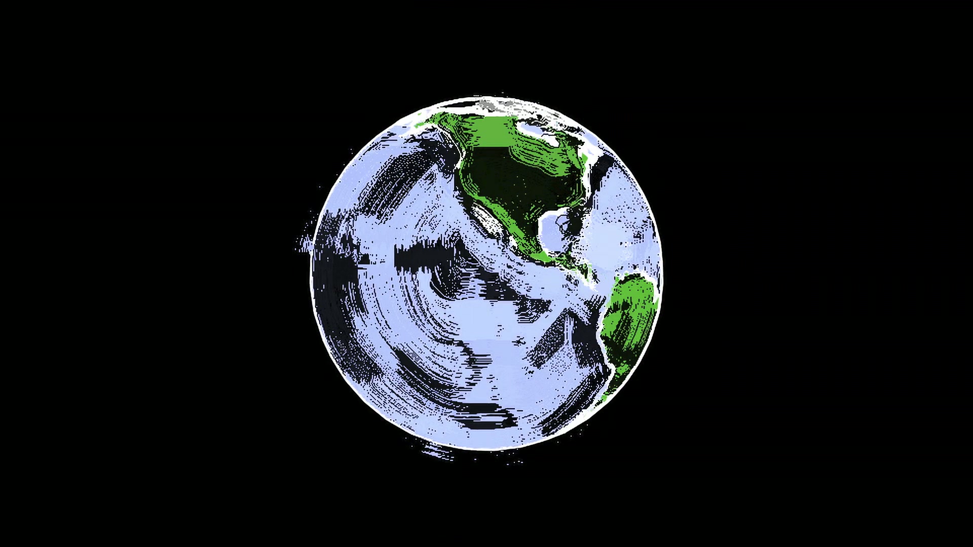 An abstract digital animation loop of a rotating Earth, with vibrant green continents and blue oceans animated in scribble, set against a contrasting black background.