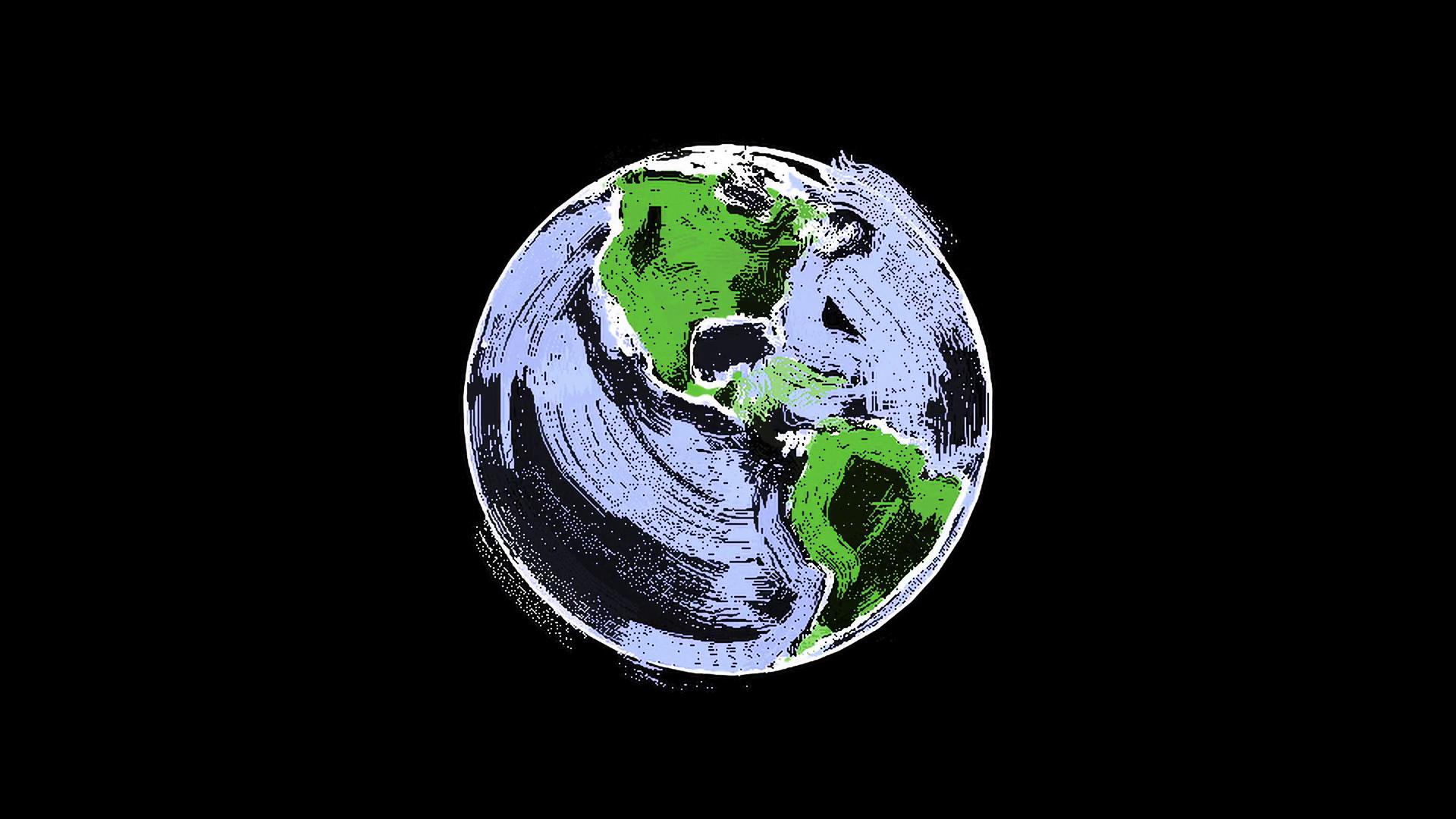 A stylized digital video loop depiction of Earth with vibrant colors and swirling ocean patterns against a black background.