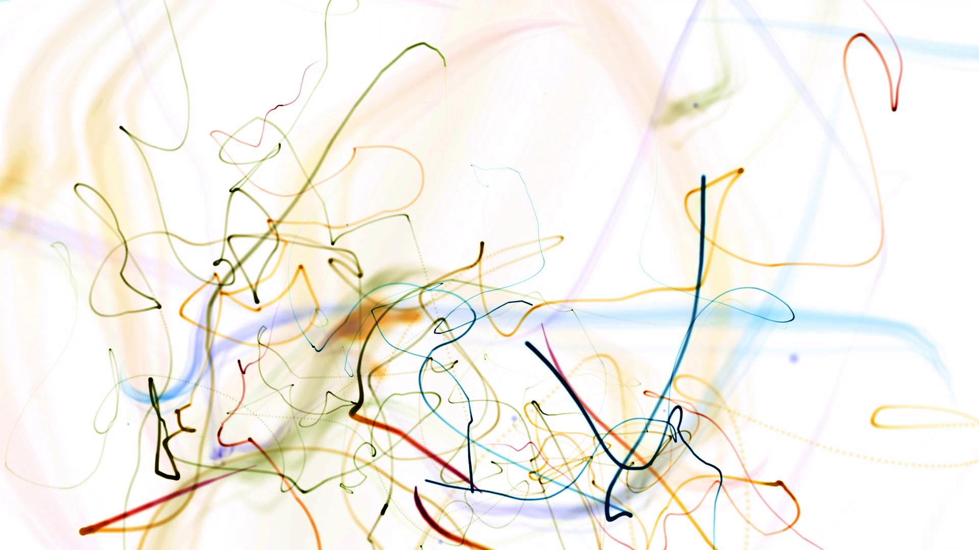 Abstract HD video loop featuring a lively composition of swirling colorful lines on a white background, exhibiting a dynamic blend of red, blue, yellow, and green hues for vibrant visual effects.