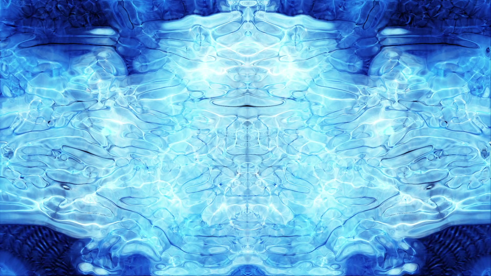 Abstract blue animating Rorschach pattern with fluid lines and symmetrical reflections creating a soothing, harmonious effect.