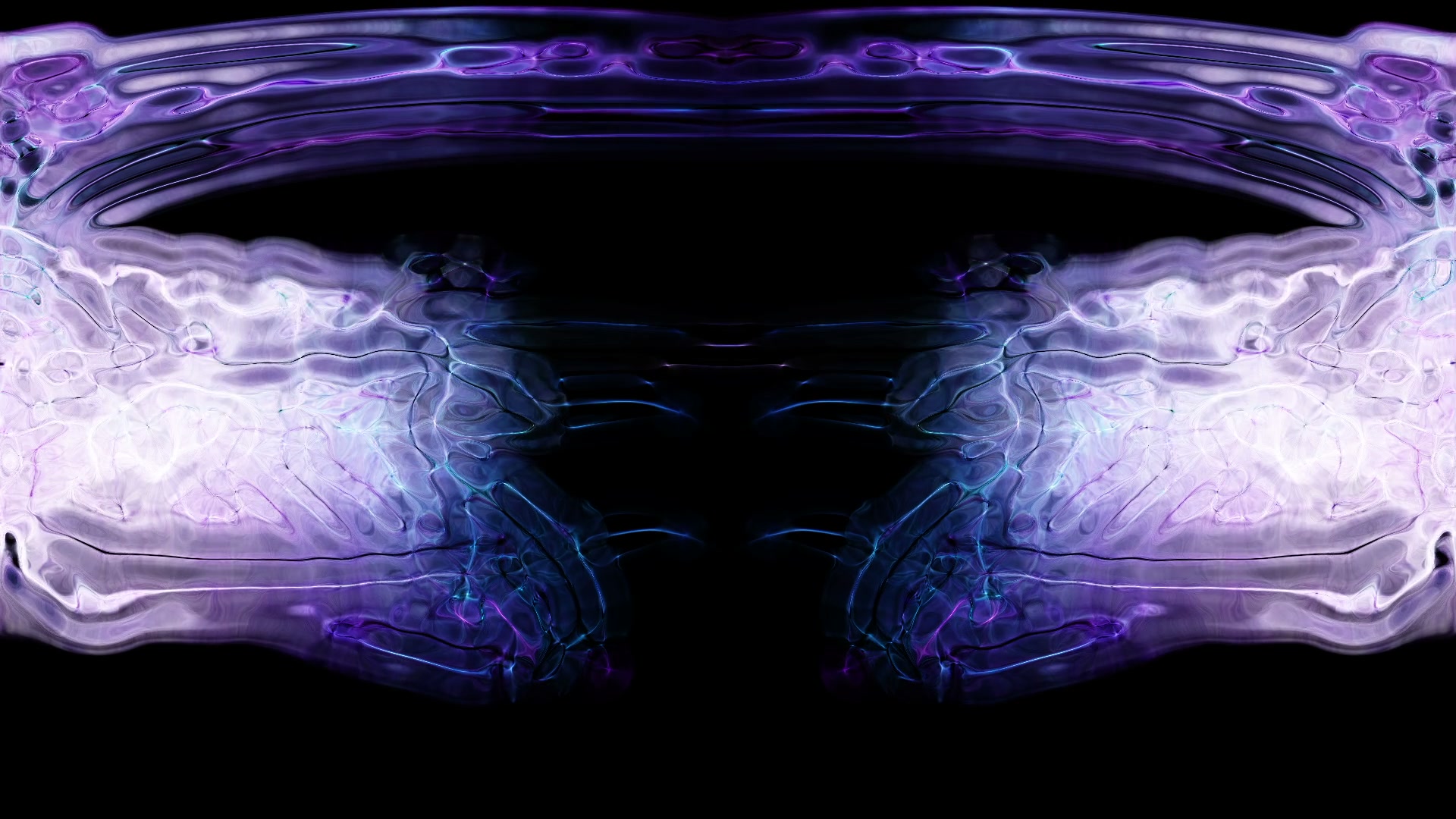 An abstract video loop featuring symmetrical waves in shades of purple, blue, and black, creating a mesmerizing mirror-like design with intricate, flowing patterns.