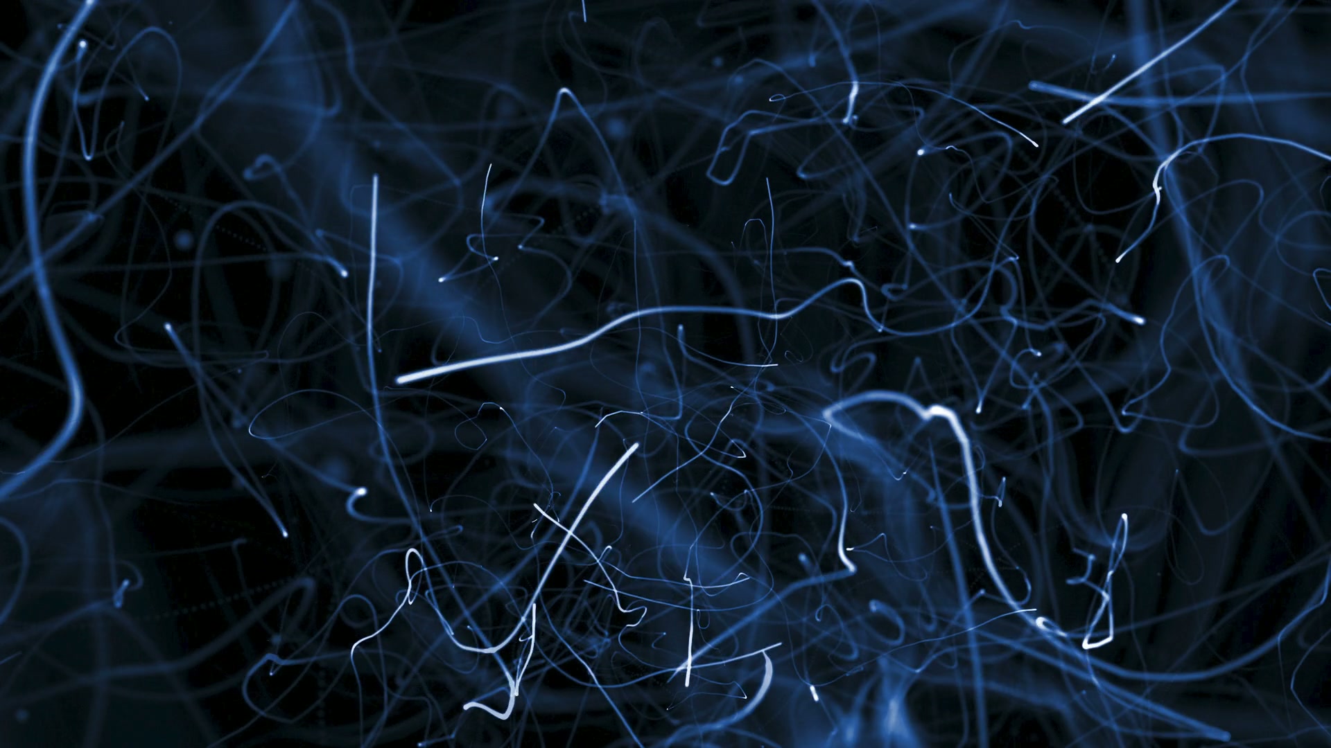 Abstract video loop with chaotic blue light trails against a dark background, resembling an intricate network or a starry night.