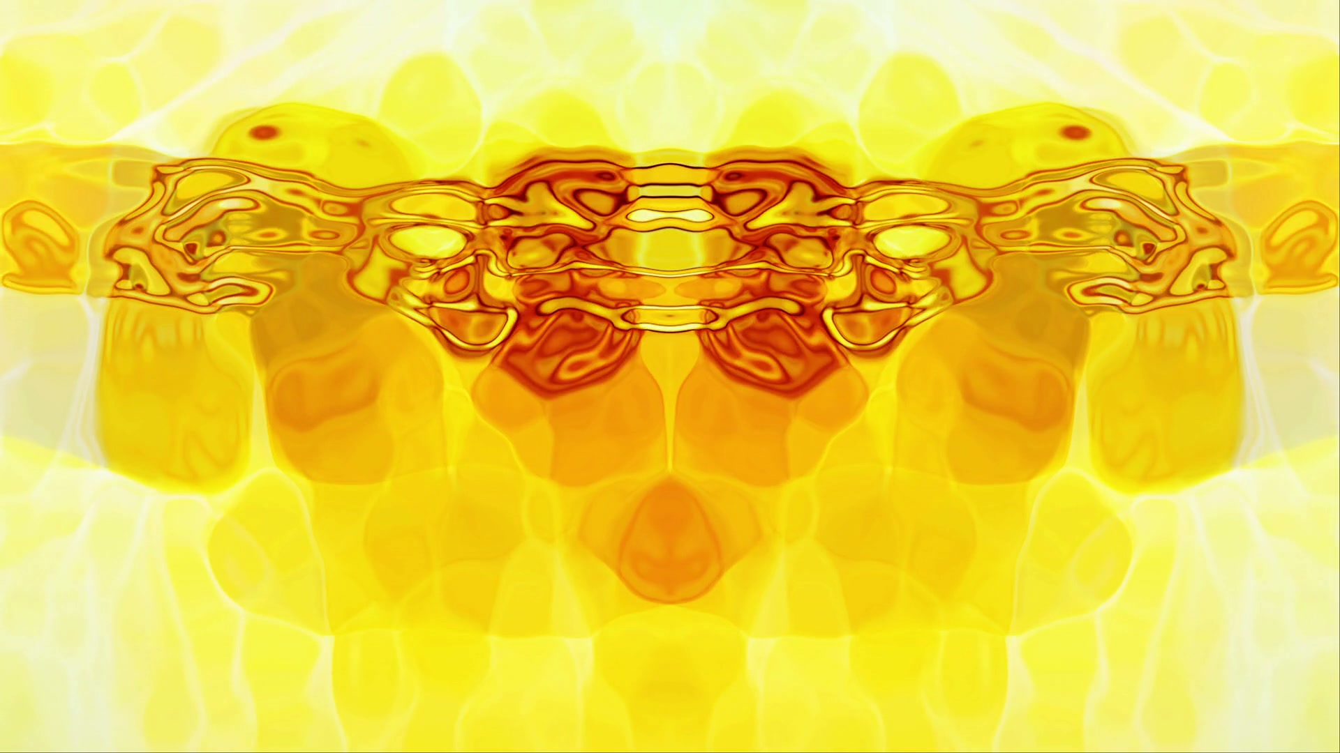 Vibrant symmetrical abstract art video loop with dynamic yellow and orange fluid patterns, creating a mirrored effect and intricate design.