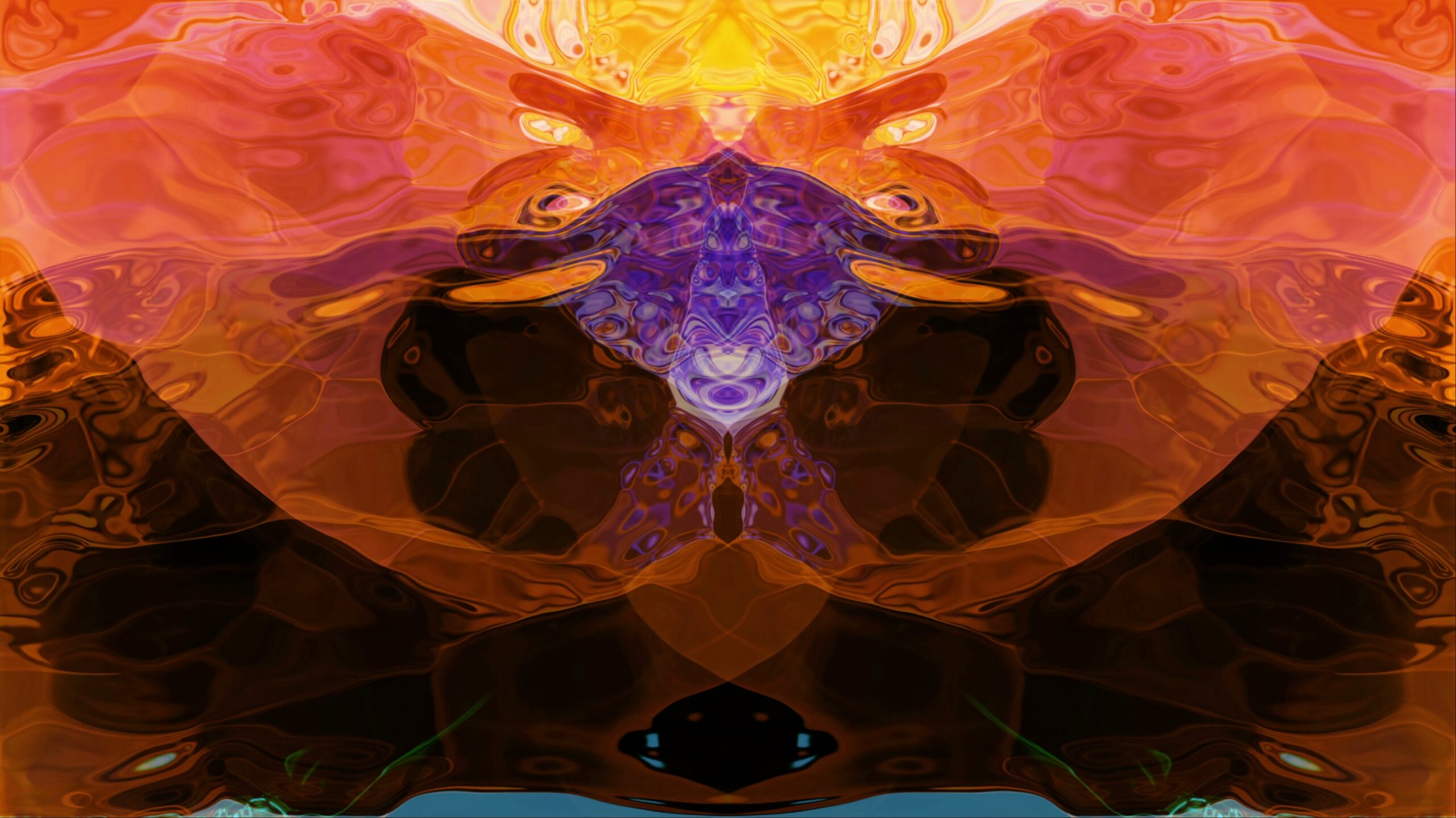 Abstract 4K video loop of symmetrical colorful patterns with vibrant fluid rorschach designs, featuring warm orange, red, and purple tones.