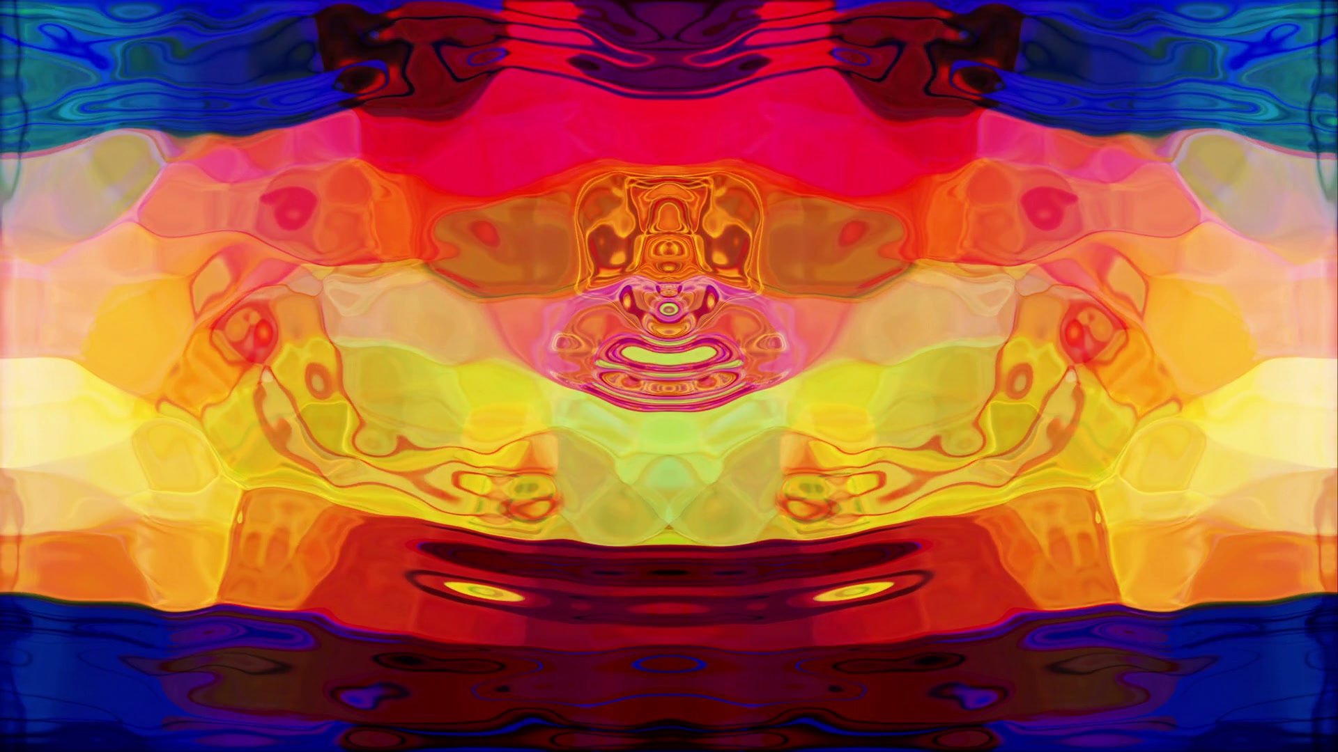 Colorful video loop of abstract symmetrical waves and ripples with vibrant red, yellow, and blue hues creating a dynamic and fluid digital animation reminiscent of psychedelic art.