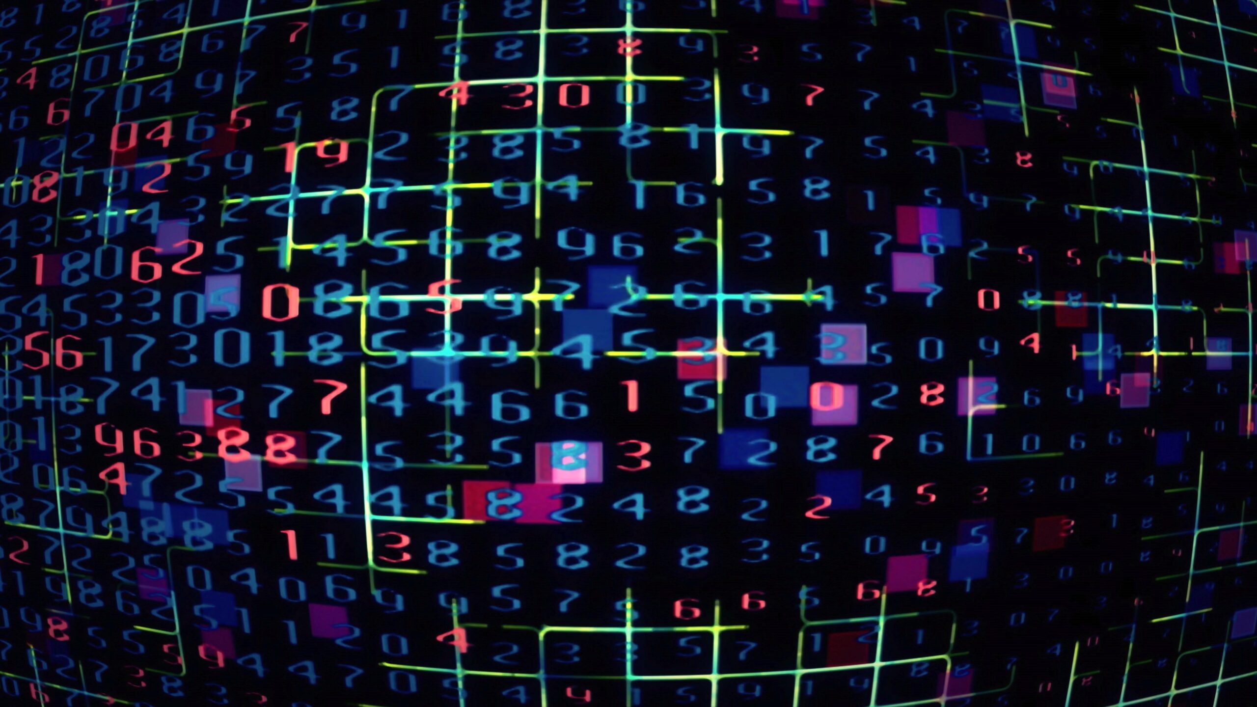 A digital collage of colorful numbers and glowing geometric patterns, showcasing a complex interplay of data and technology.