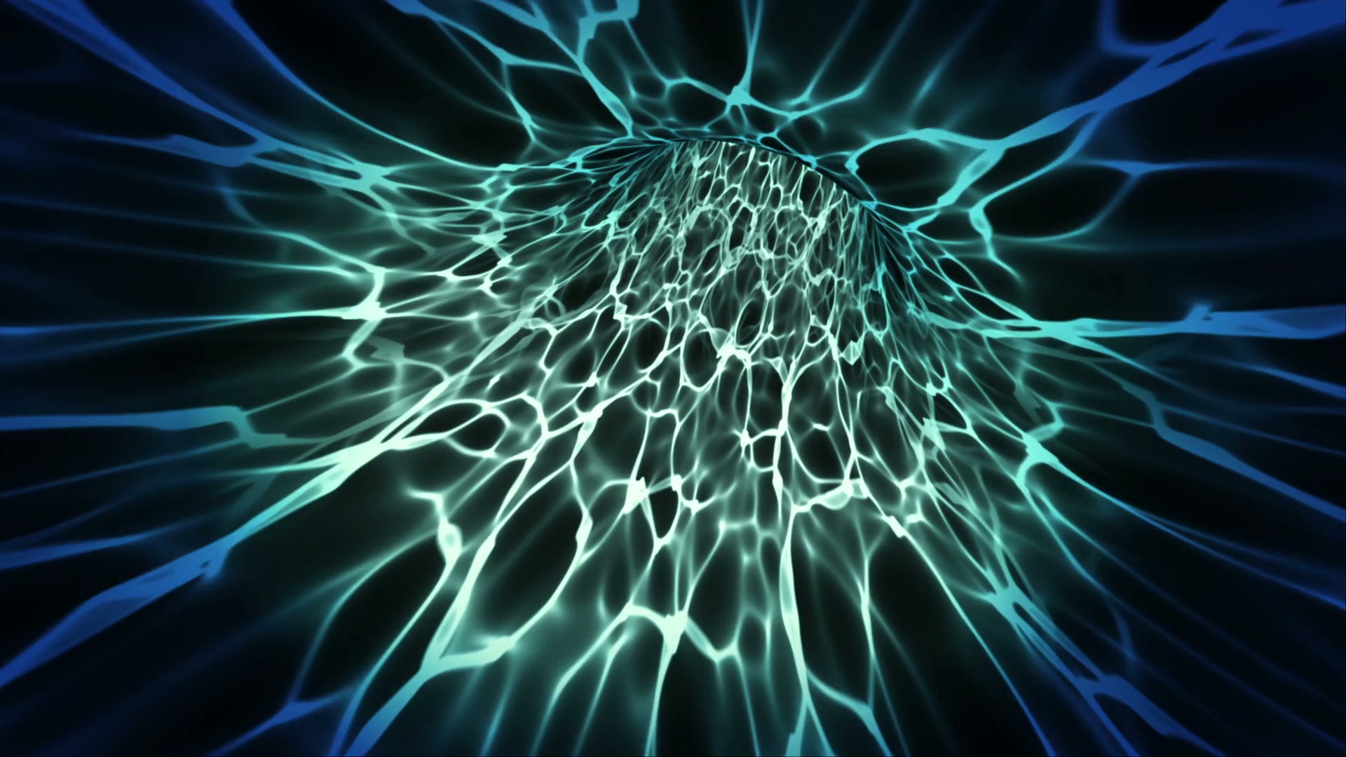 Traveling through an abstract network of interwoven lines resembling a dynamic digital fluid tunnel.