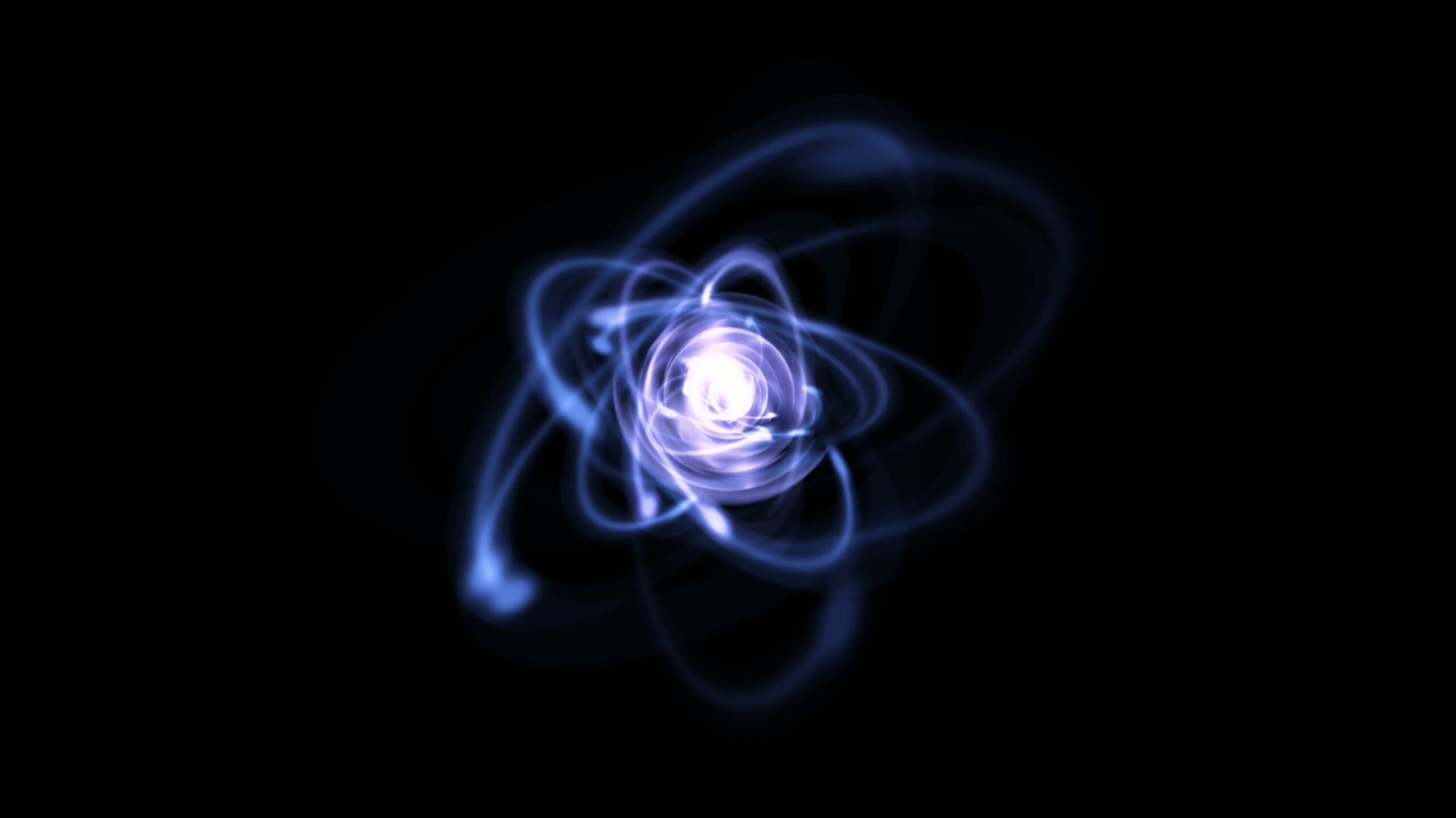 Abstract blue light swirls with a bright core on black video background.