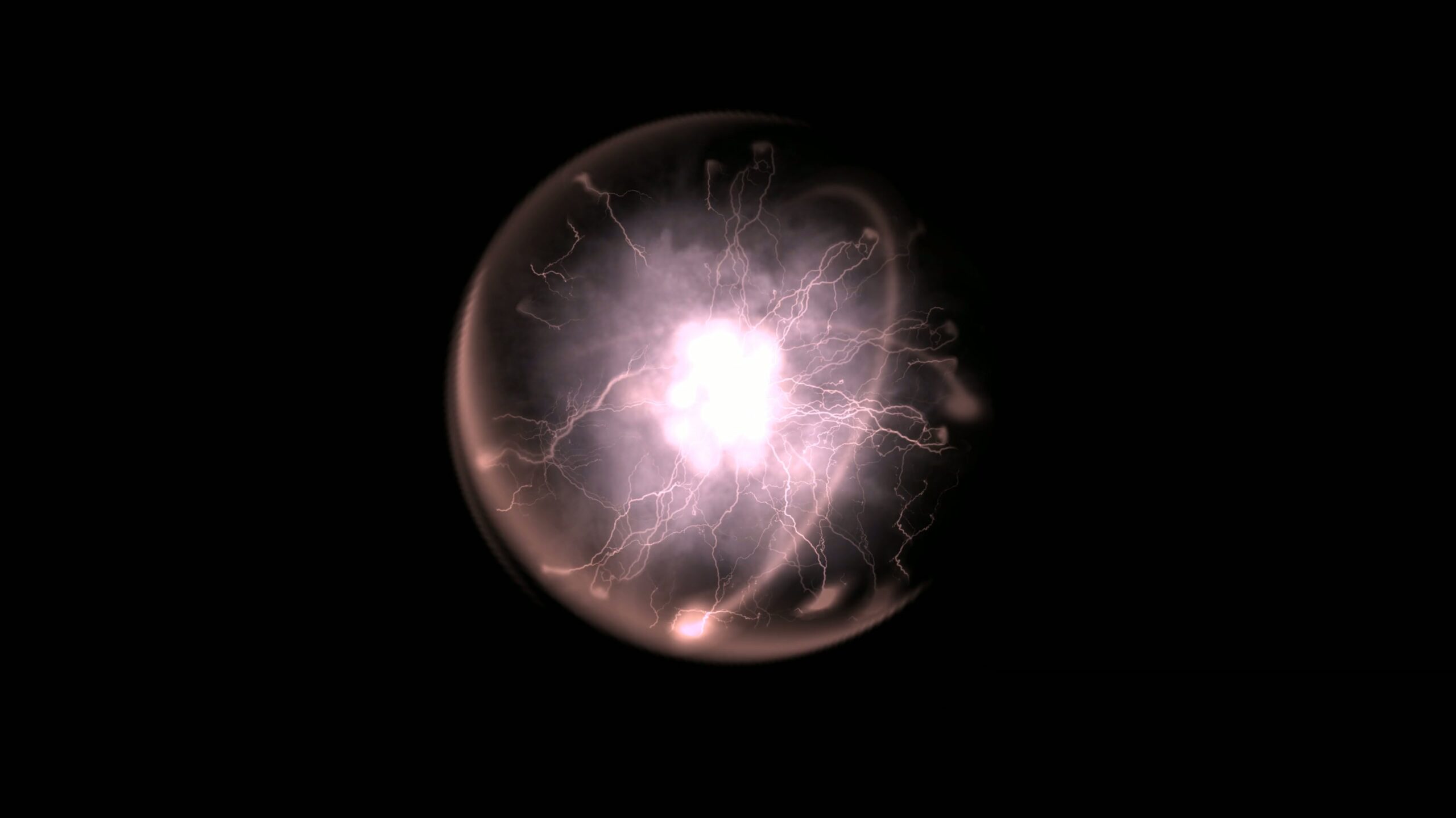 A glowing atom sphere emits lightning-like tendrils in darkness.