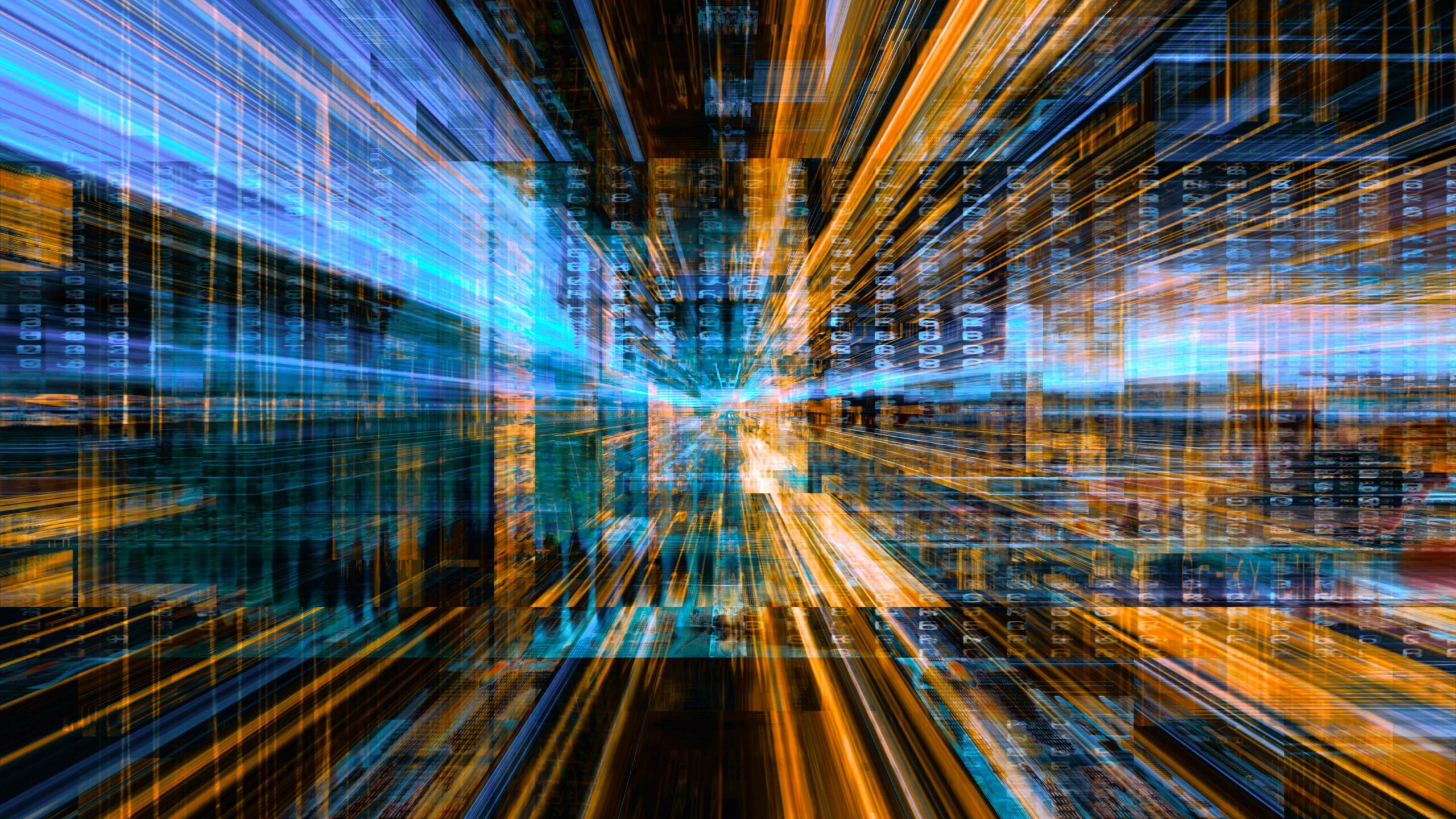 Abstract 4K video loop of dynamic light streaks converging at a central point creating a vibrant, energetic scene with yellow and blue hues.