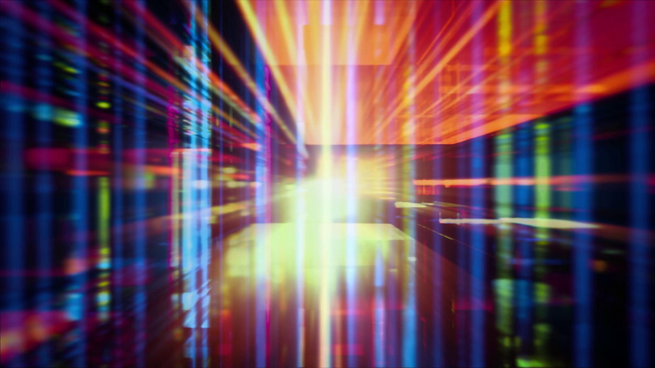 A dynamic burst of vibrant neon lights creating futuristic tunnel effects with bright blues, pinks, and greens.