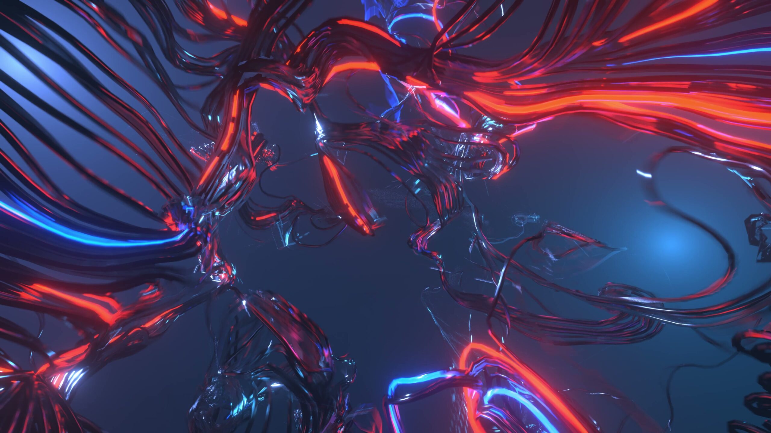 The 4K video animation displays a complex and mesmerizing network of glowing, intertwined strands. Dominated by electric shades of red and blue, the shapes twist and intertwine, creating dynamic visual effects. The glossy texture of the strands reflects light, adding depth and dimension to the composition. The background is a soft, muted blue, enhancing the vibrancy of the neon colors in the foreground. The abstract nature of the video suggests chaos and energy, resembling a digital interpretation of flowing matter or neural pathways. The interplay of light and color creates a futuristic and captivating aesthetic.