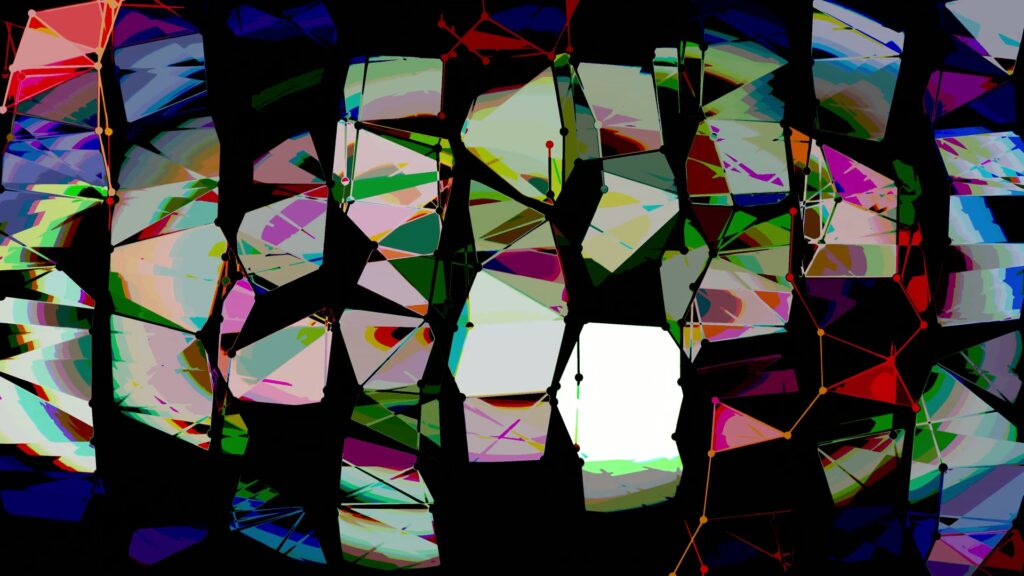 Vibrant abstract geometric art video loop with interconnected shapes and colorful palette on a black background.
