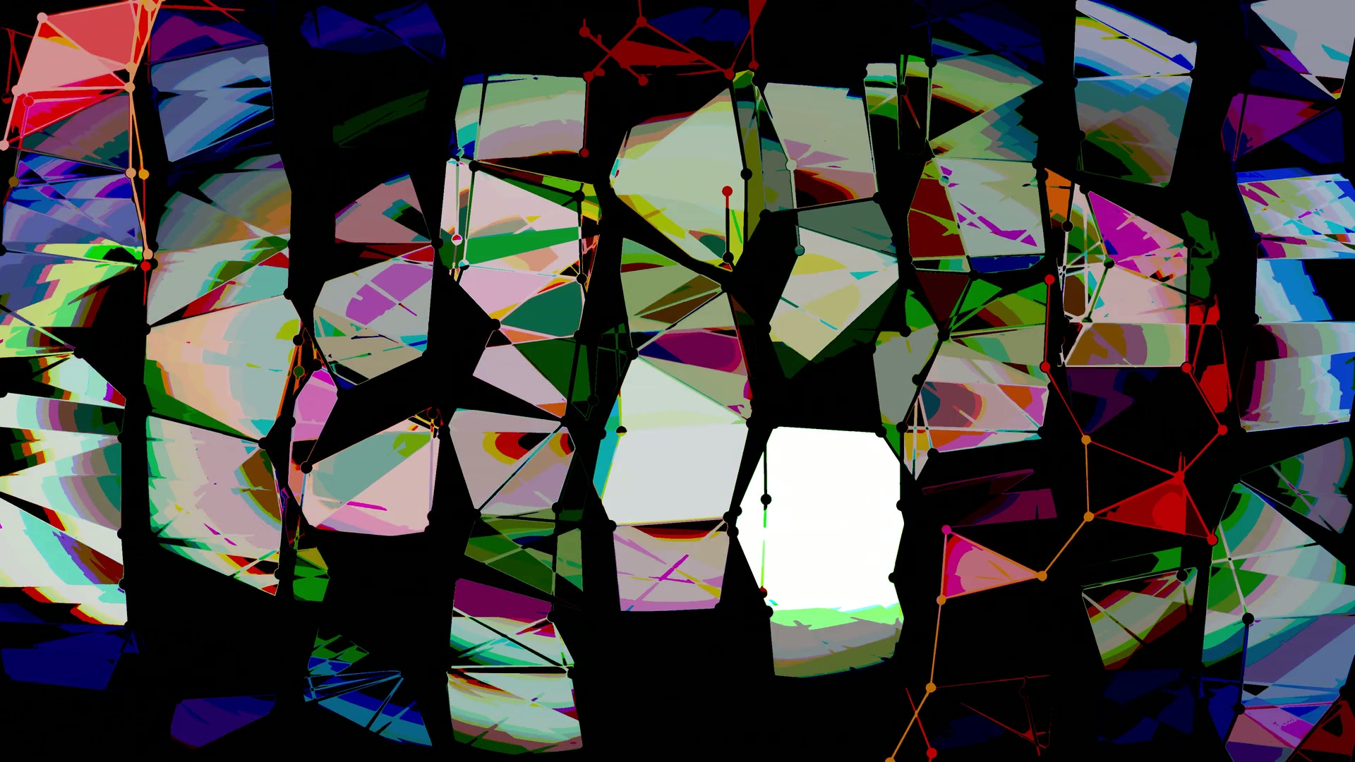 Vibrant abstract geometric art video loop with interconnected shapes and colorful palette on a black background.
