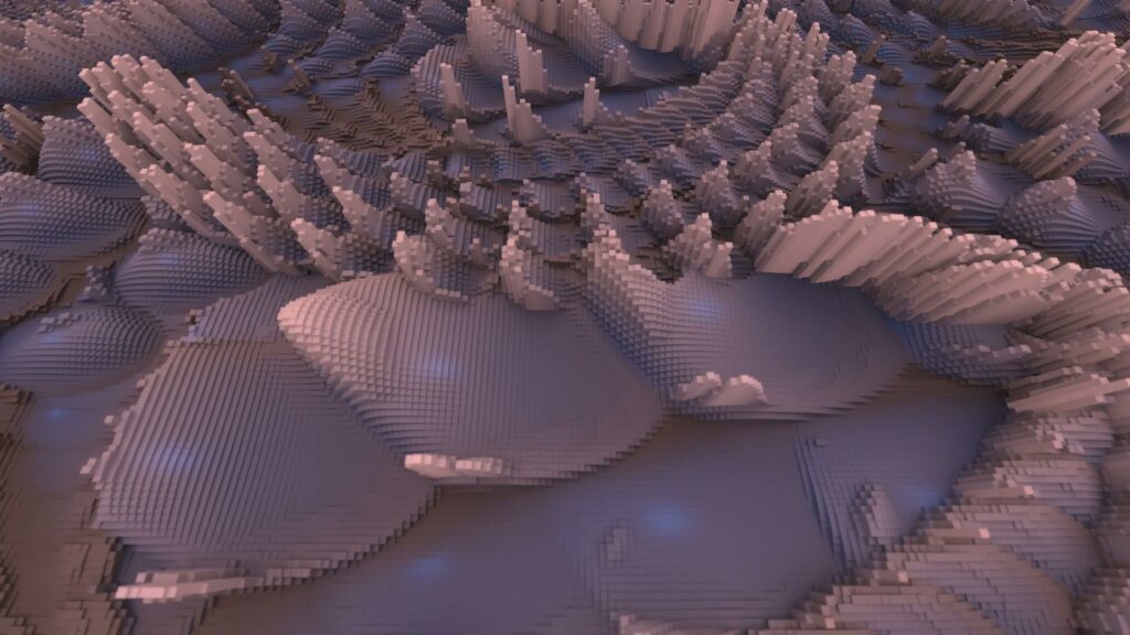 Abstract digital video animation with pixelated voxel formations, showcasing a harmonious blend of pink and blue hues, resembling geometric mountainous terrains.