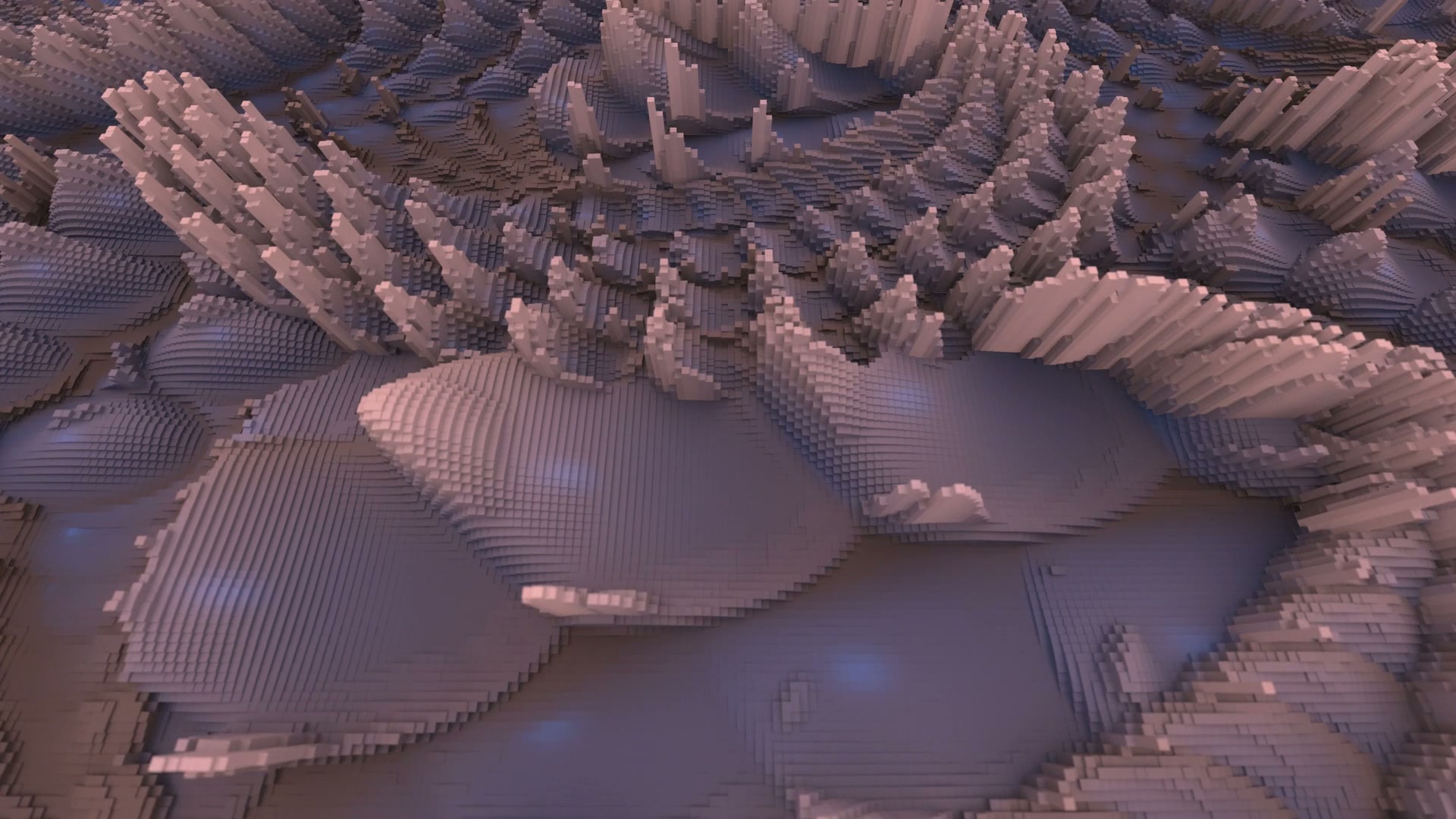 Abstract digital video animation with pixelated voxel formations, showcasing a harmonious blend of pink and blue hues, resembling geometric mountainous terrains.