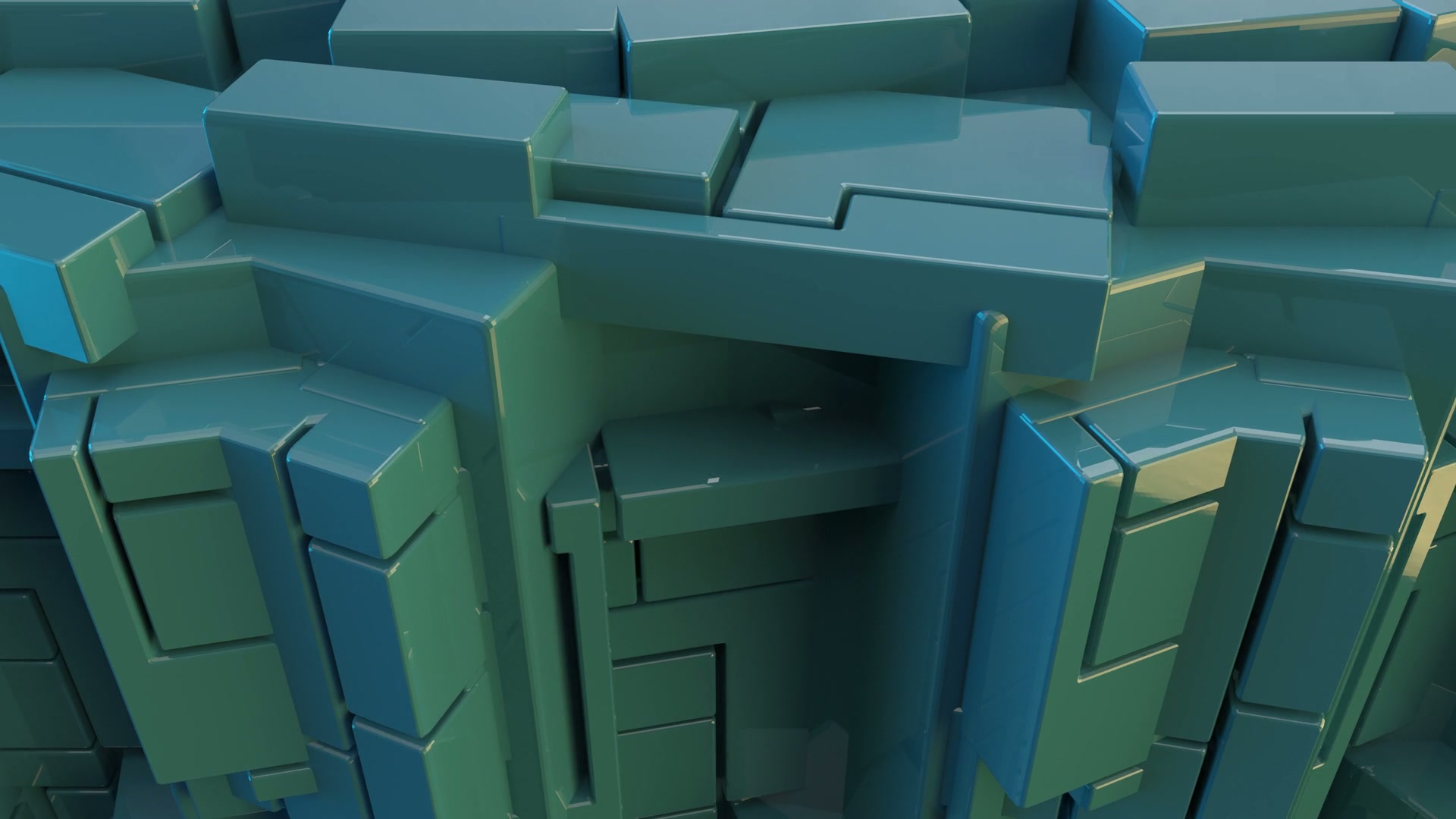 Abstract 3D animation of interlocking teal geometric blocks with a glossy, reflective surface, forming a complex, futuristic pattern.