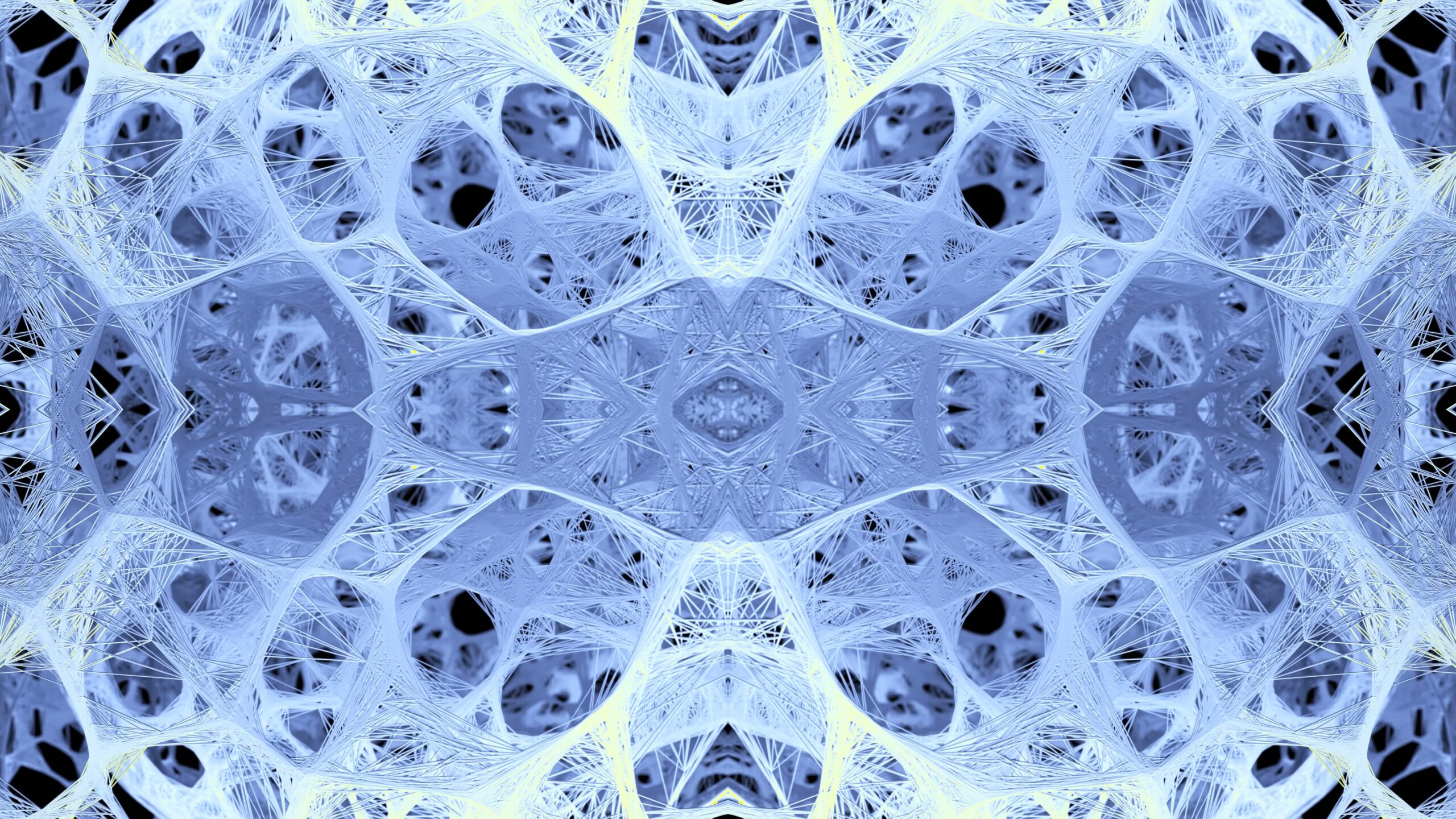An intricate, 4K video animation of a symmetrical network design in cool blue hues showcasing intricate geometric and organic patterns.