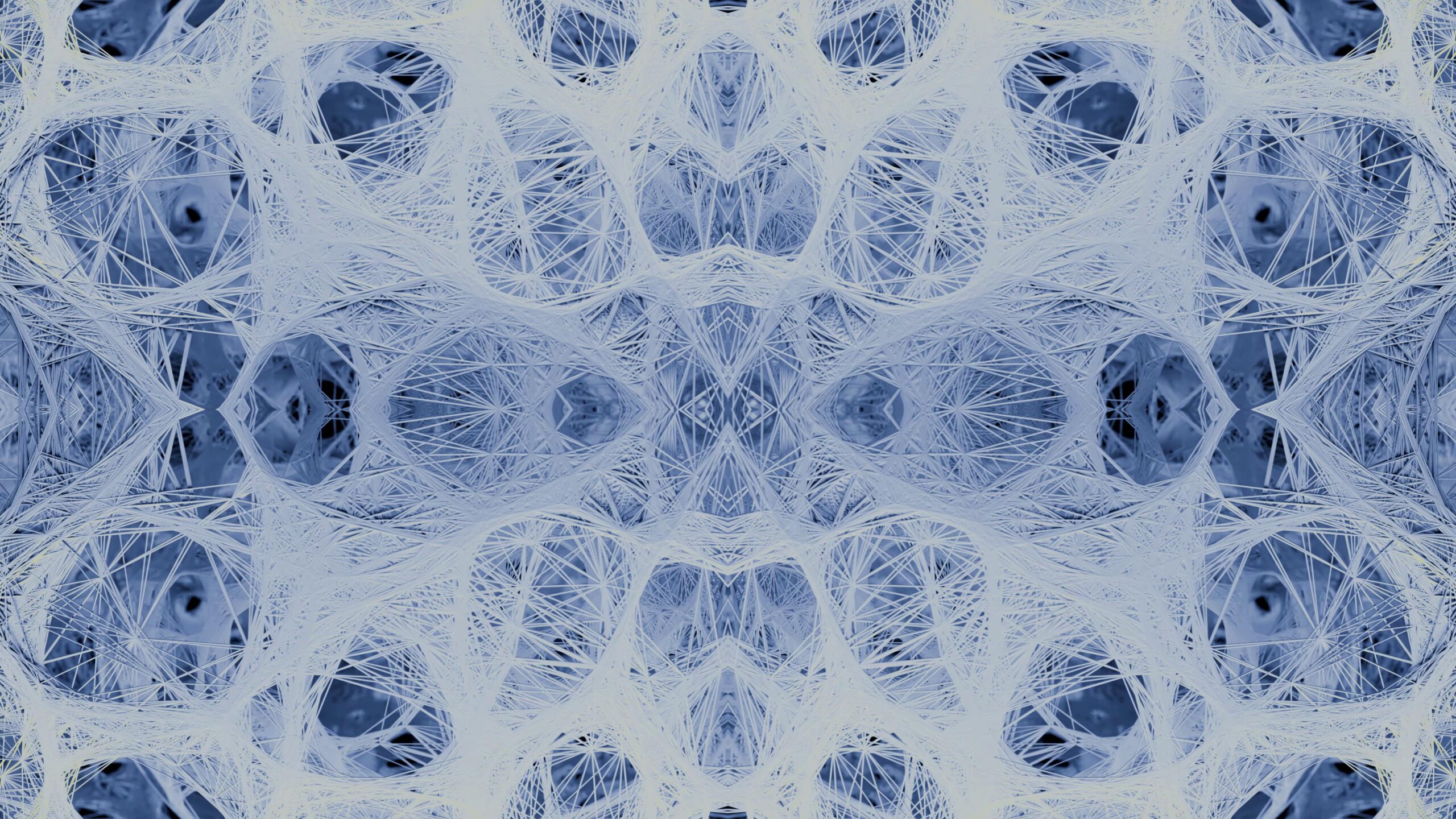 Abstract icy lattice structure animation featuring symmetrically arranged glowing filaments over deep blue background