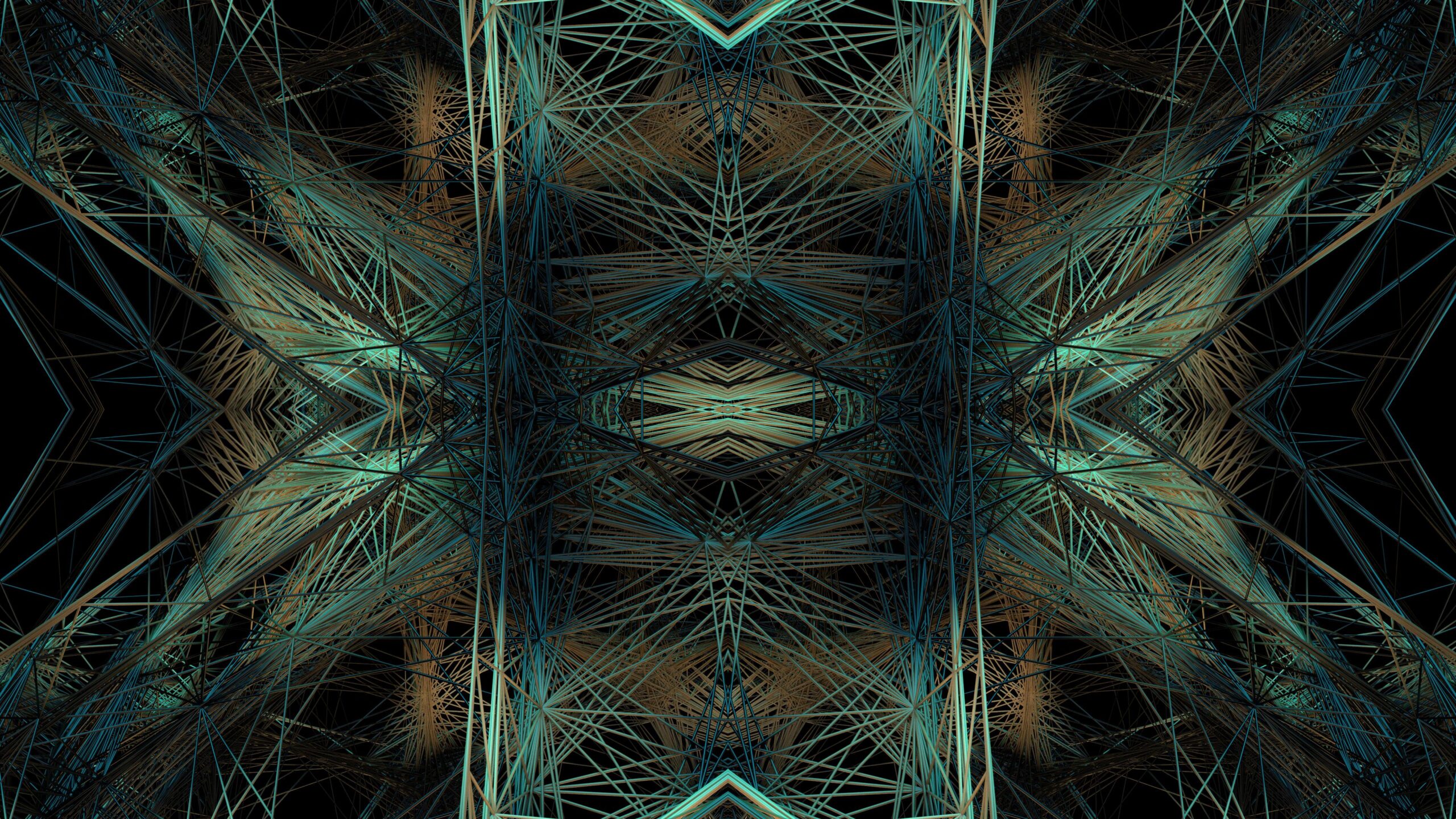 Abstract teal-brown line pattern symmetrical geometry 3D animation.