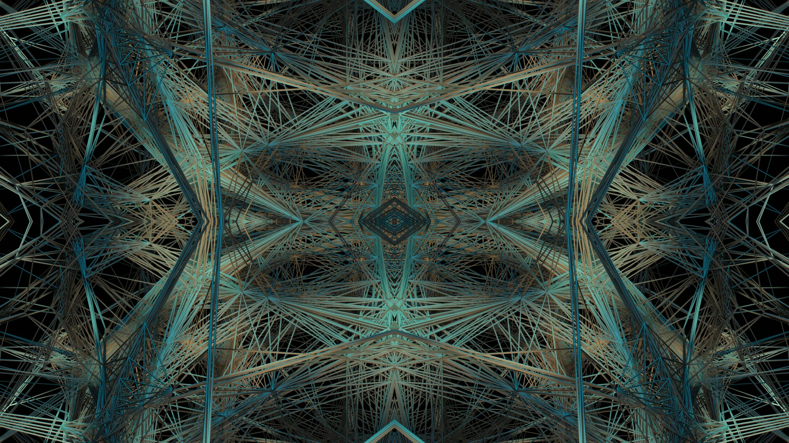 Abstract geometric patterns with overlapping teal and gold lines on a black video background creates kaleidoscope effects.