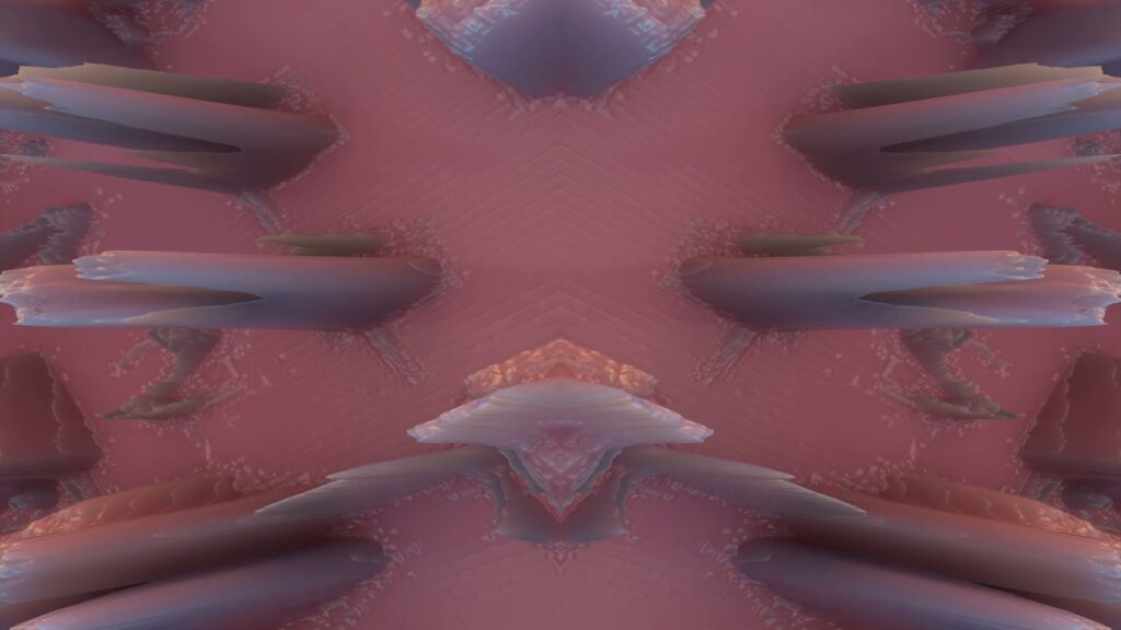 Symmetrical abstract digital video loop featuring pink and purple crystalline structures with a glossy texture and intricate geometric patterns.