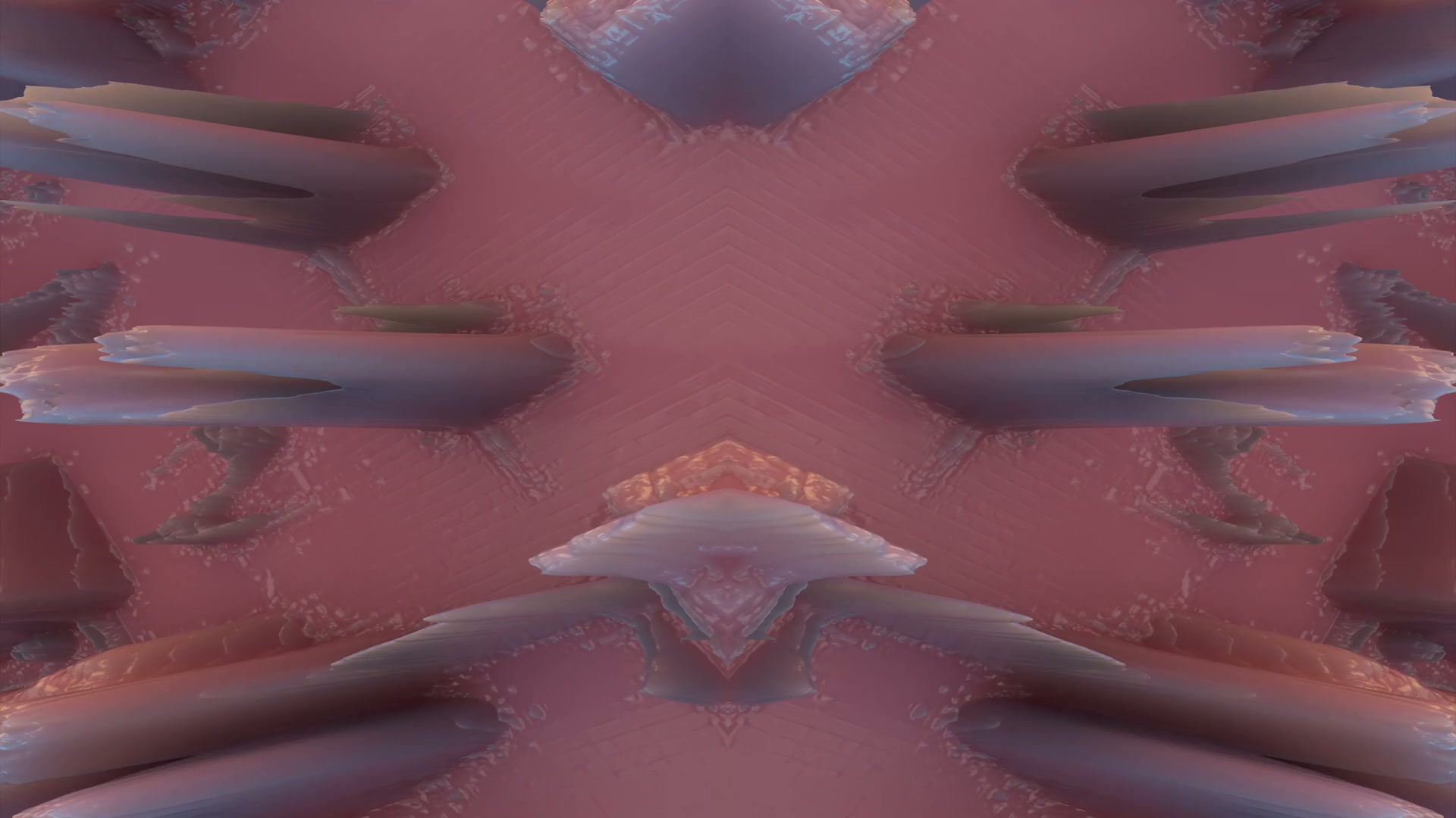 Symmetrical abstract digital video loop featuring pink and purple crystalline structures with a glossy texture and intricate geometric patterns.
