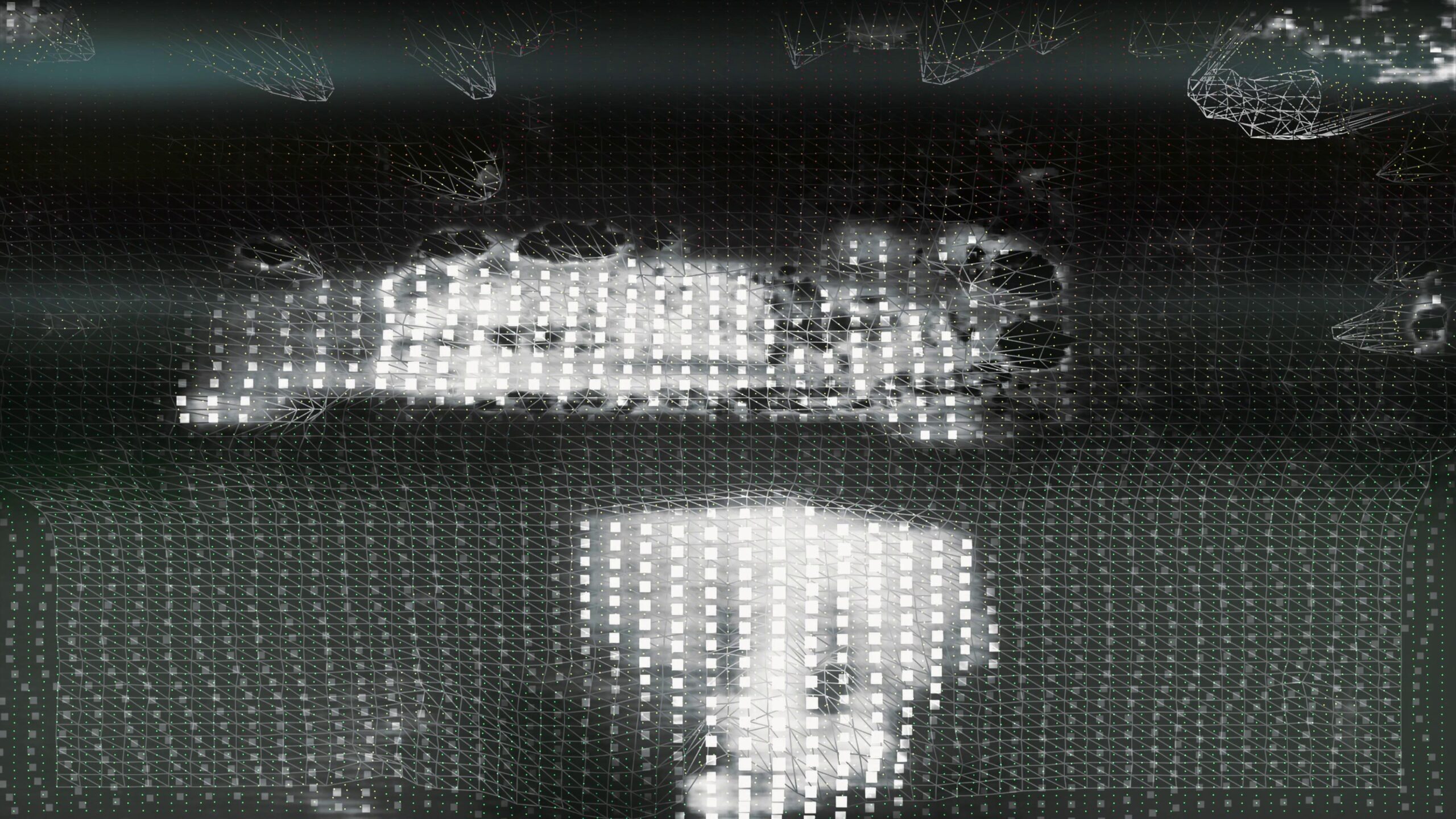 Abstract Cyberpunk Glitch Visuals With Pixel Noise And Neon Interference Effects On Dark Teal Background