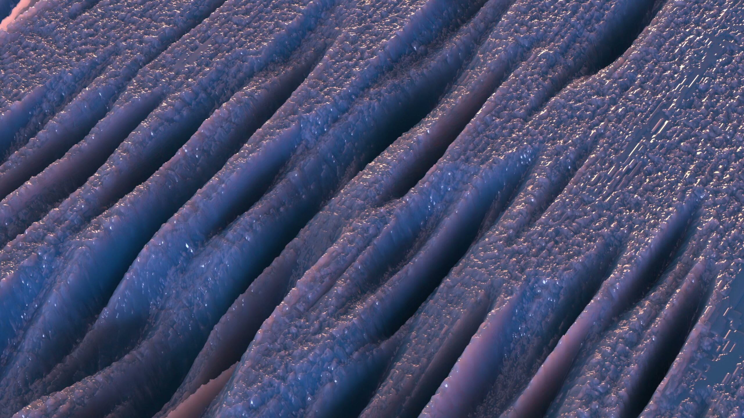 Close-up of textured, rippling purple waves with glossy highlights, resembling both organic and futuristic elements.