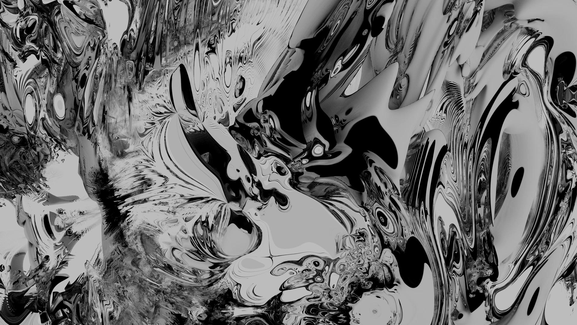 Abstract grayscale fluid art animation featuring flowing dark and light waves resembling cosmic turbulence.