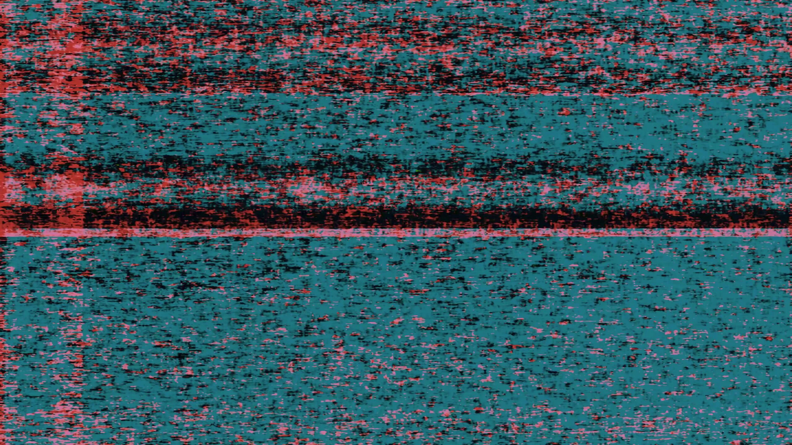 The 4K video loop of a chaotic blend of digital noise and static interference with dominant hues of teal green, deep reds, and black streaks that pulse across the screen.