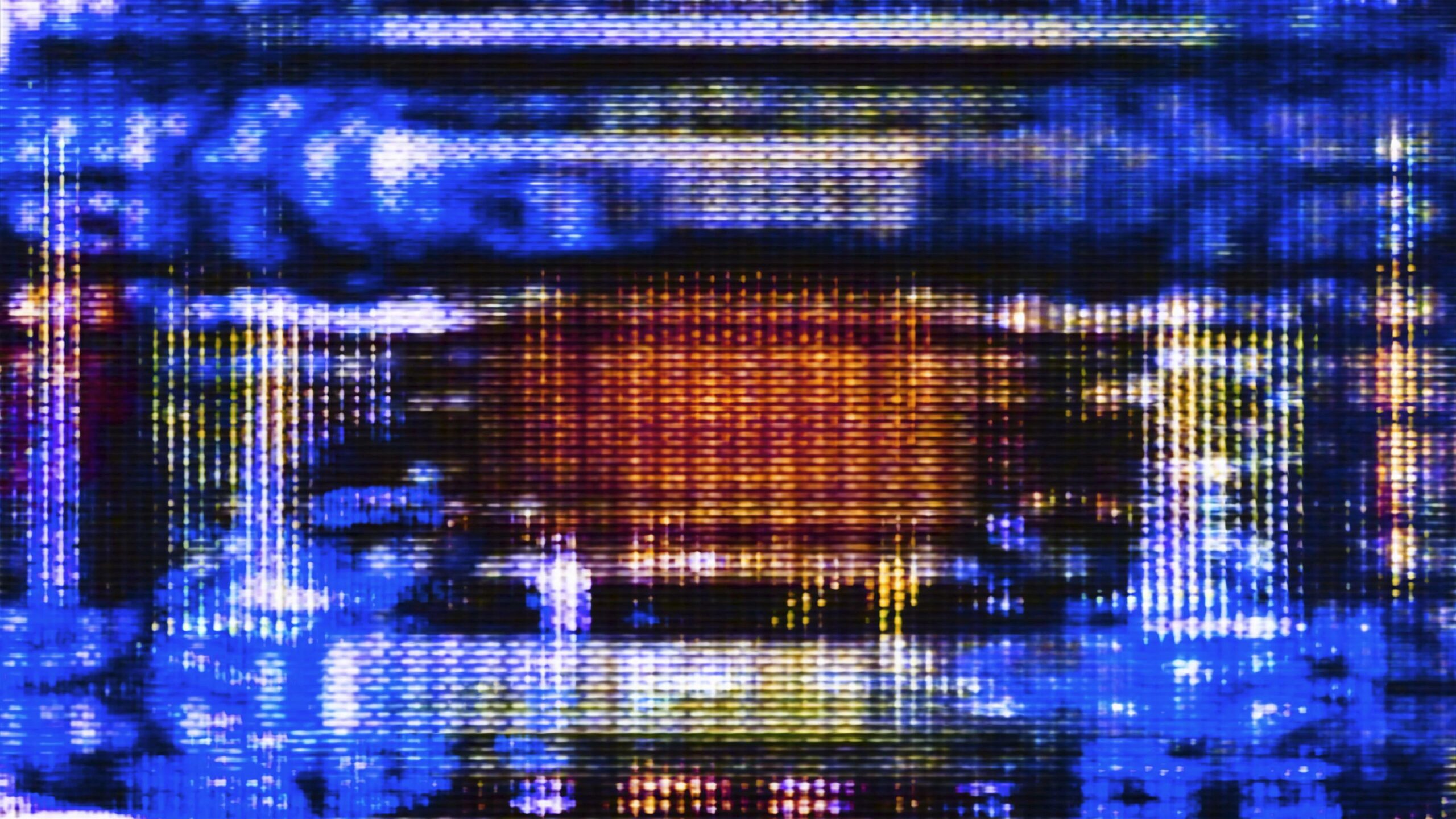 The 4K video loop presents mesmerizing digital glitch effects with vivid blue and orange hues dominating the scene as vertical streaks pulse across the screen like corrupted data streams or pixelated waves.