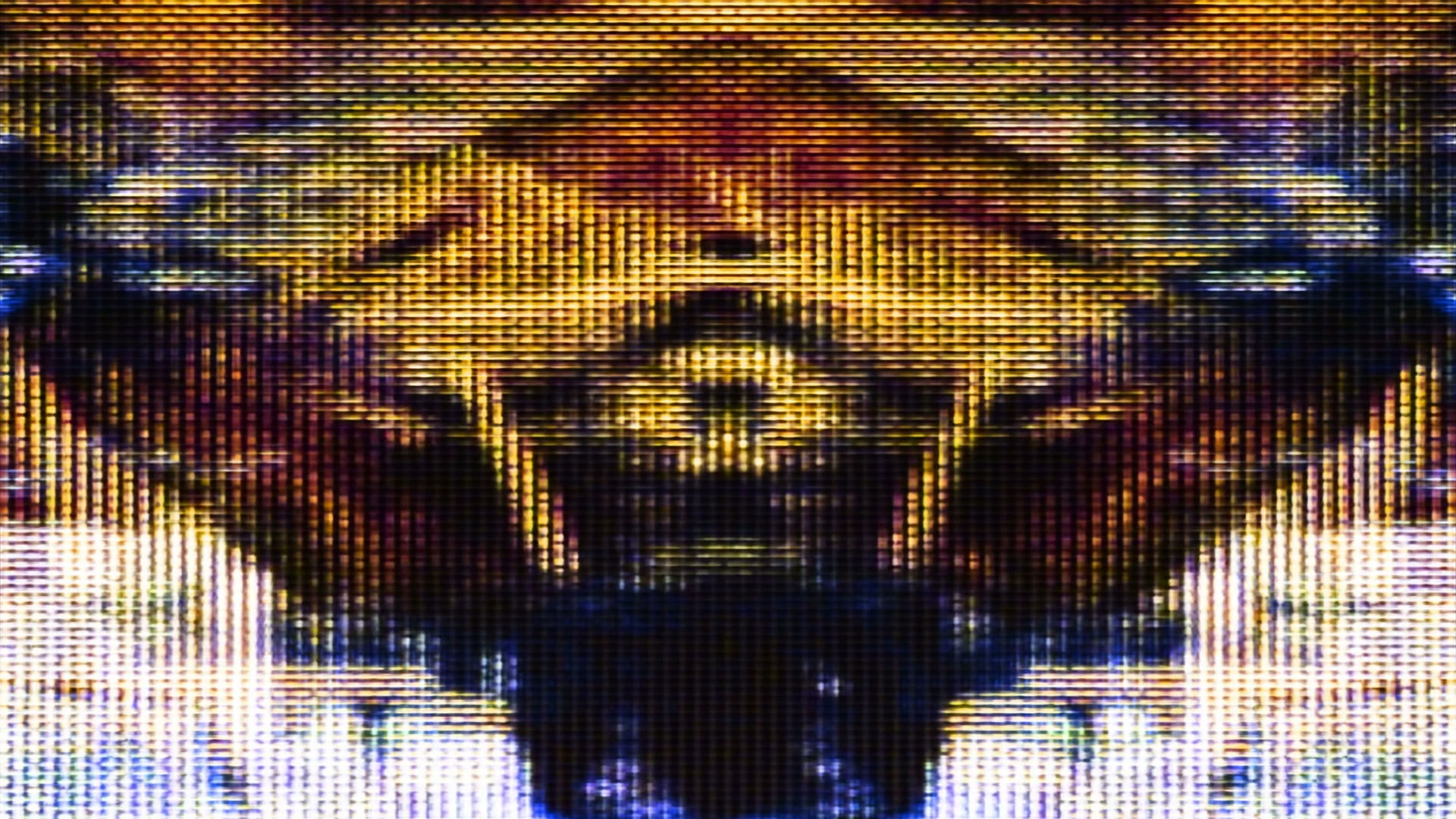 An abstract looping video of a digital pattern featuring vibrant gold and reddish-brown hues with a pixelated, symmetrical design, creating a futuristic and technological aesthetic.