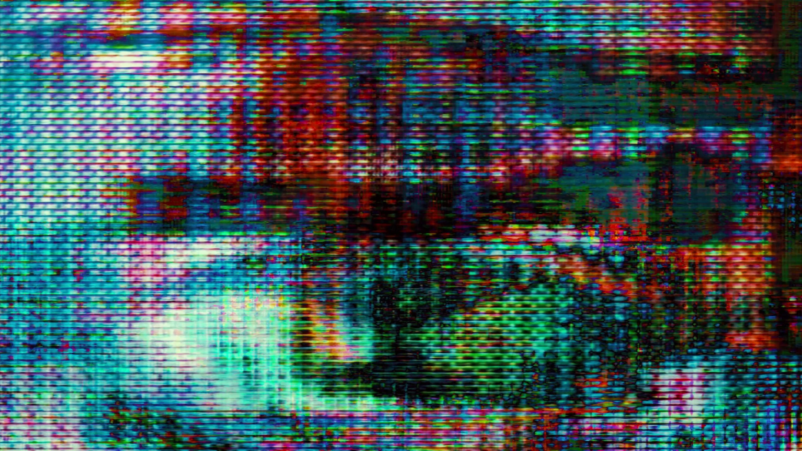 The 4K video loop depicts a glitchy digital animation with vibrant hues swirling across an abstract screen.