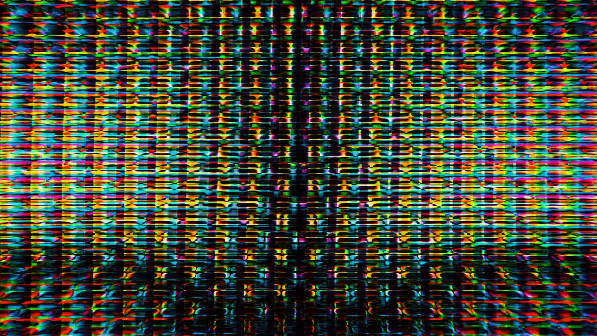 A vibrant and colorful abstract digital HD video loop featuring a grid pattern with interwoven red, green, blue, and yellow hues creating pixelated, shimmering effects.