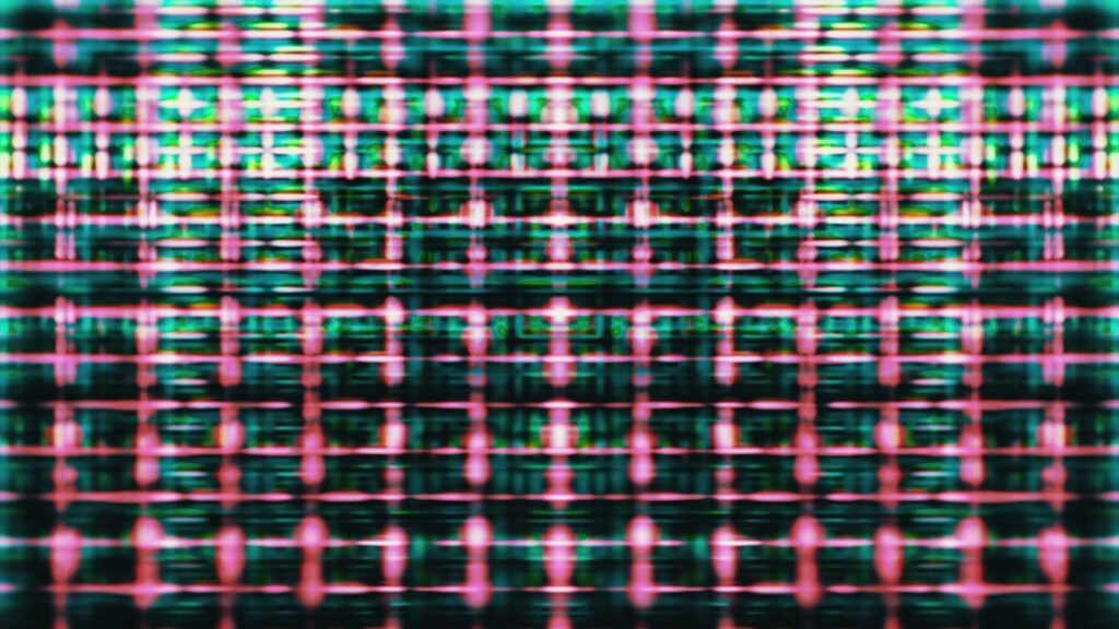 Abstract digital HD video loop showcasing vivid geometric glitch patterns with interwoven pink, green, and blue lines, creating dynamic and modern visual effects.