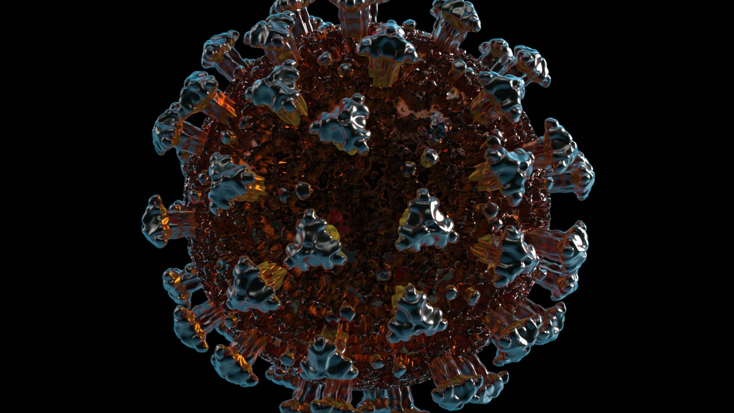Detailed 4K video close-up view of virus structure with prominent spikes and textured core in ambient lighting.