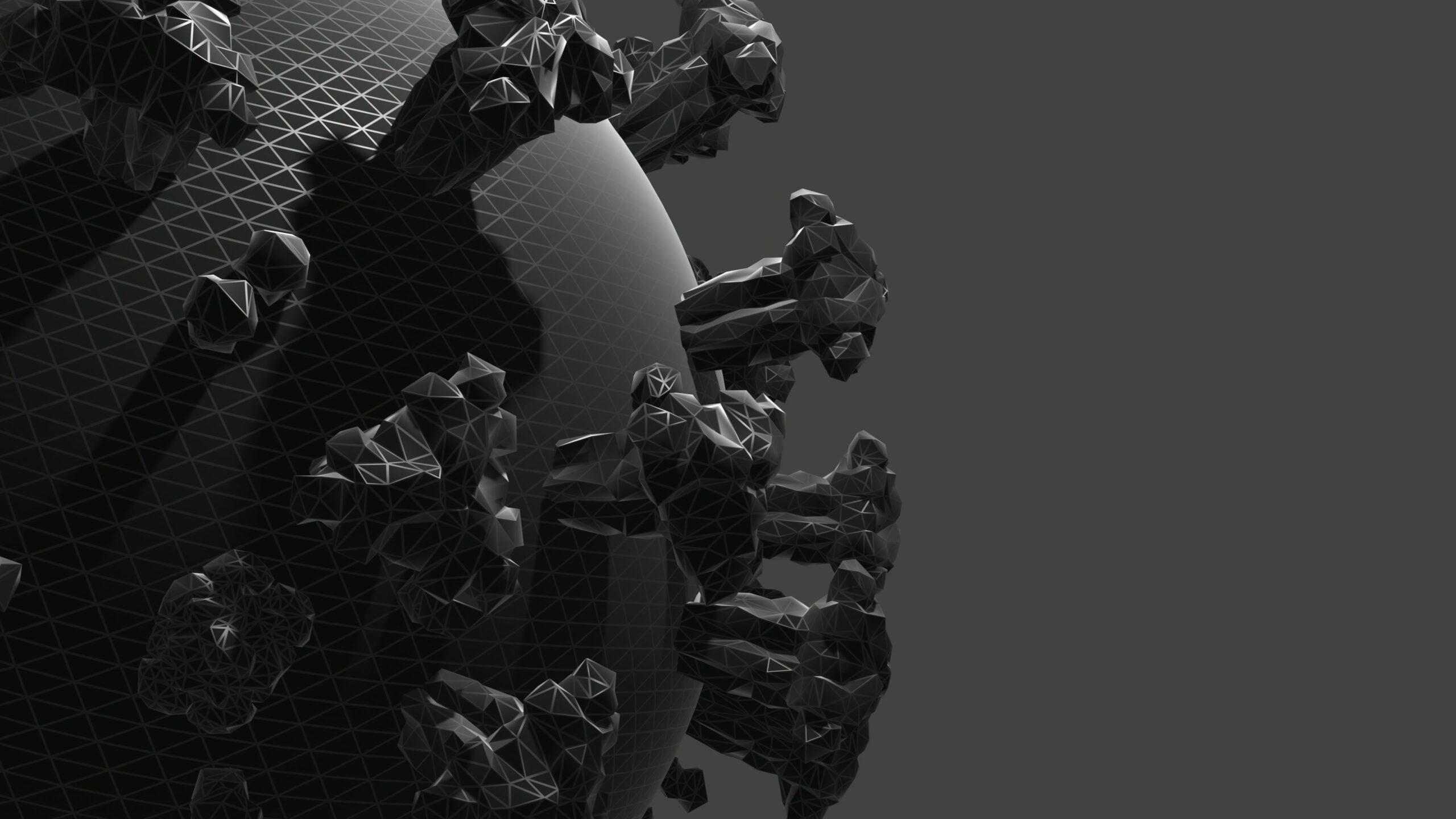 Dark 4k video low-poly abstract sphere with protruding structures in a monochromatic black and grey color scheme.