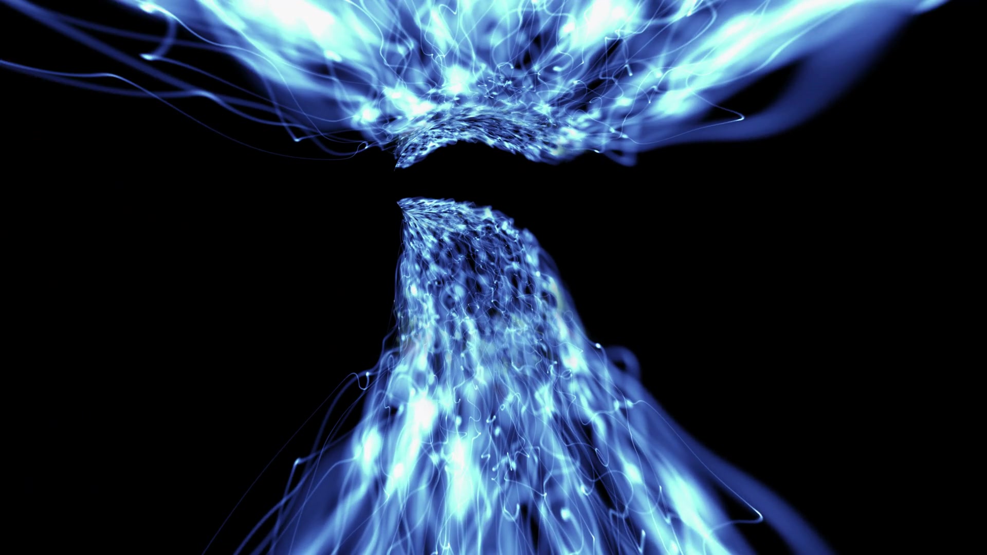 Abstract blue light patterns cascade gracefully on a black video background, creating a mesmerizing and ethereal visual display of dynamic motion.