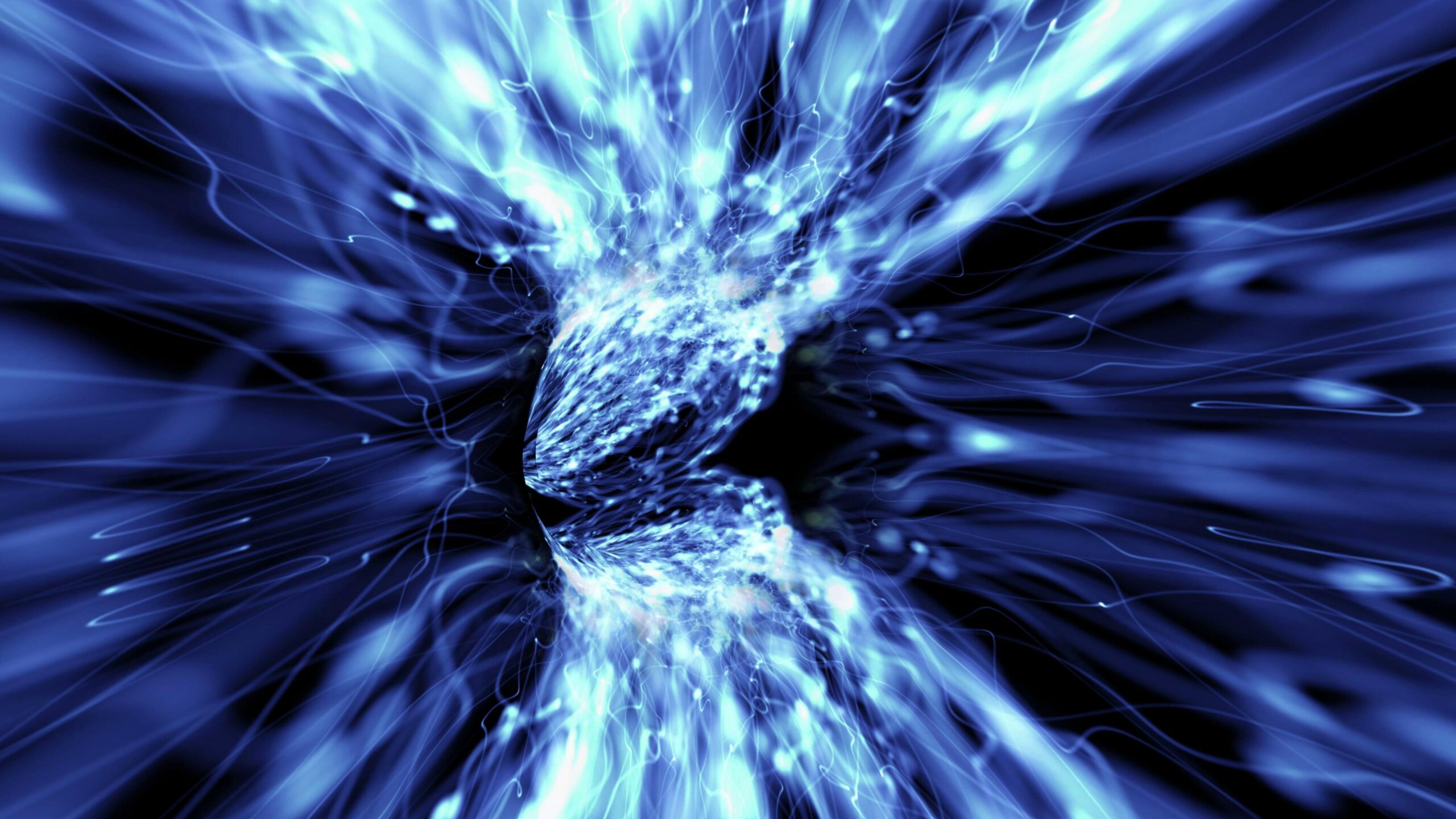 A dynamic 4K video loop of radiant blue electrical currents spiraling toward a dark void, creating an immersive experience akin to navigating deep-space phenomena.