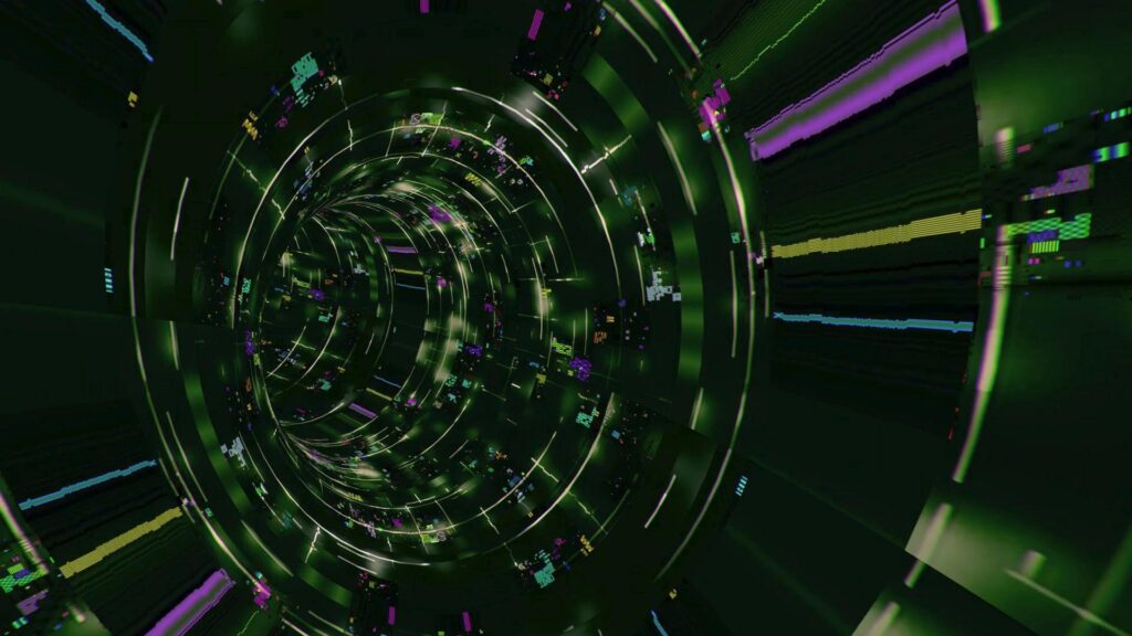 Futuristic looping video of a digital tunnel with glowing green light and pixelated patterns.