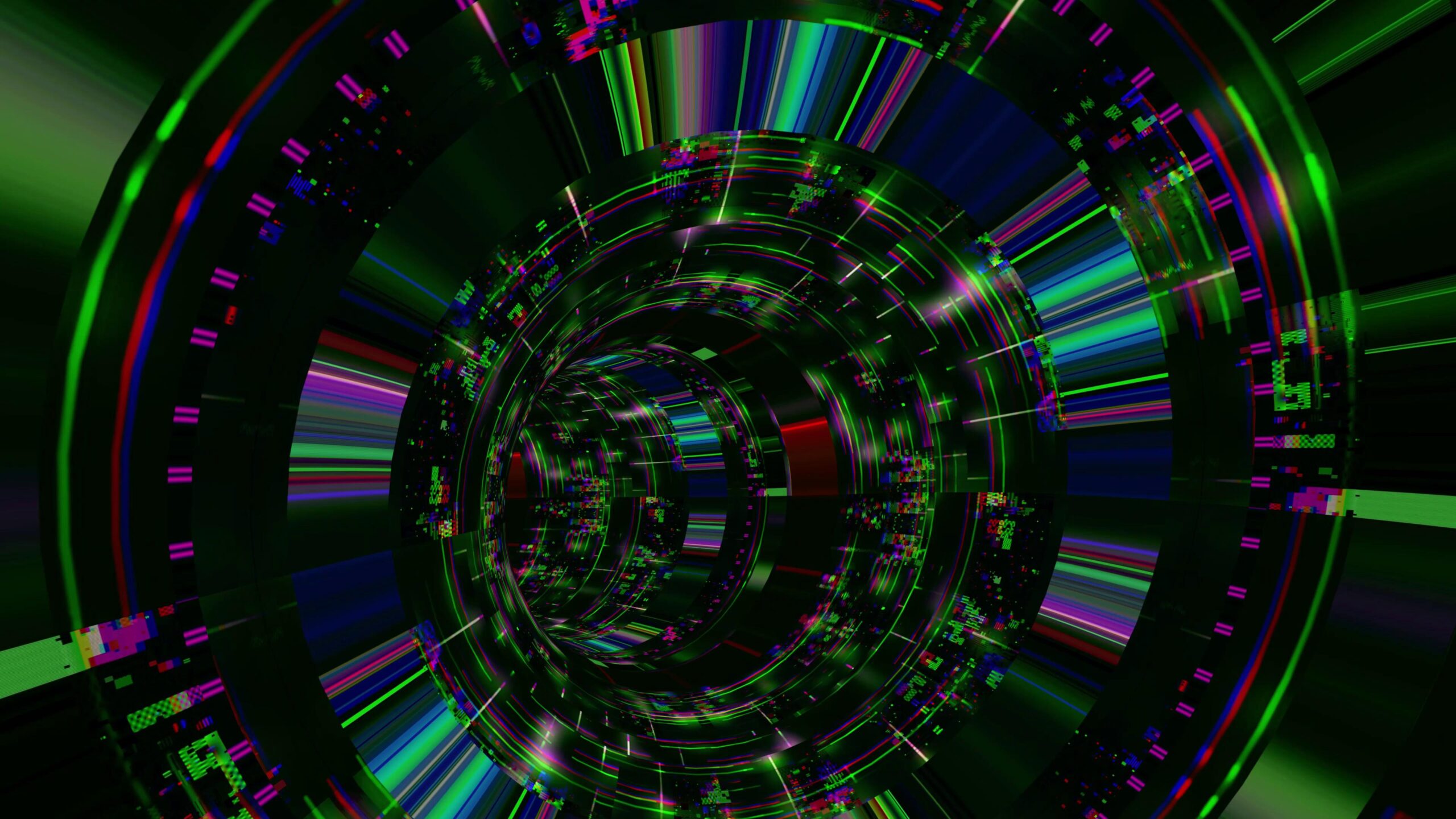 A dynamic cybernetic tunnel spirals forward filled with glowing lines and pixel glitches, capturing attention with vivid colors and chaotic patterns.