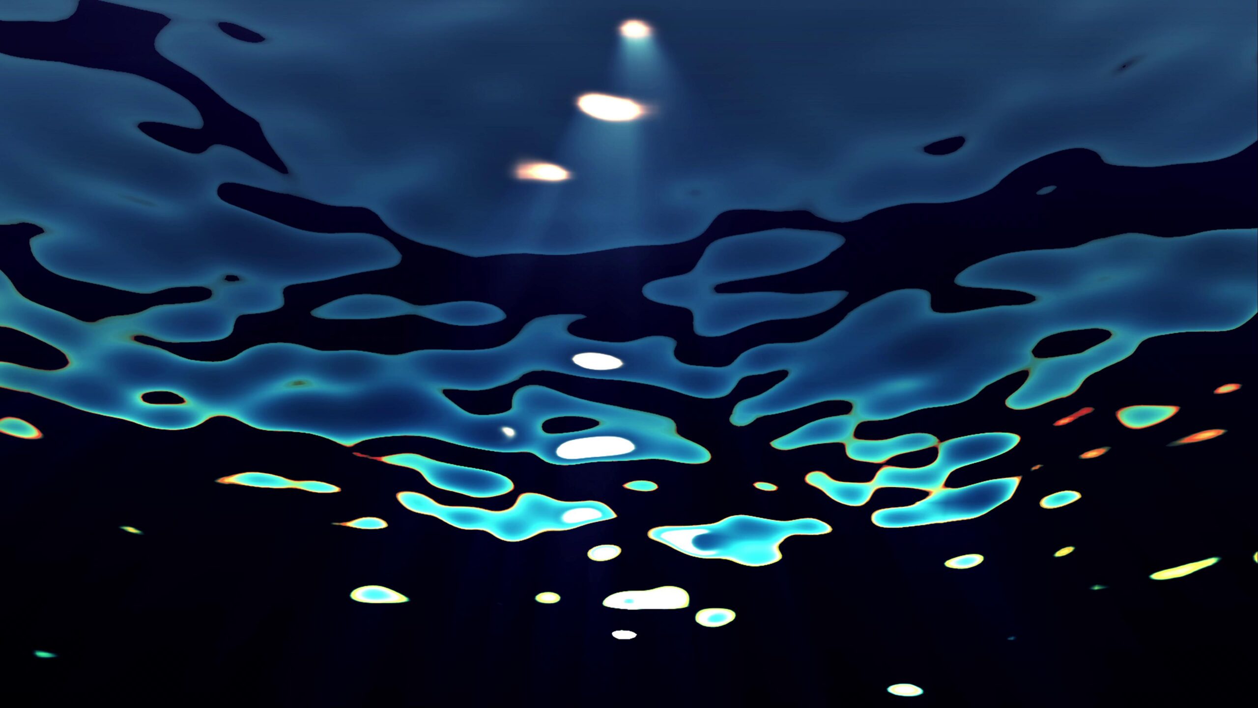 Abstract oceanic glow with floating lights and rippling surfaces.