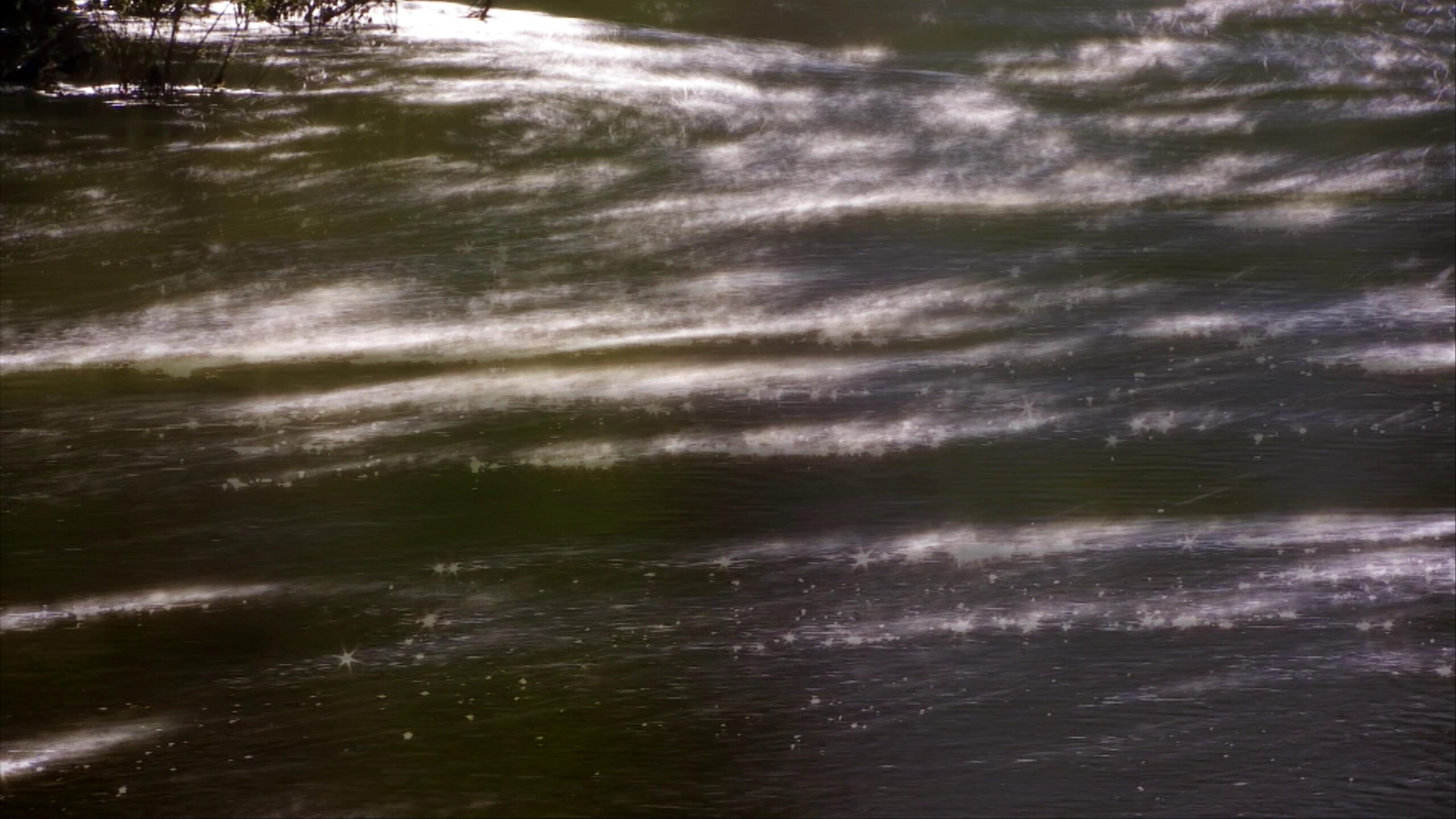 Sunlit river currents sparkling with reflections under trees' shadow.