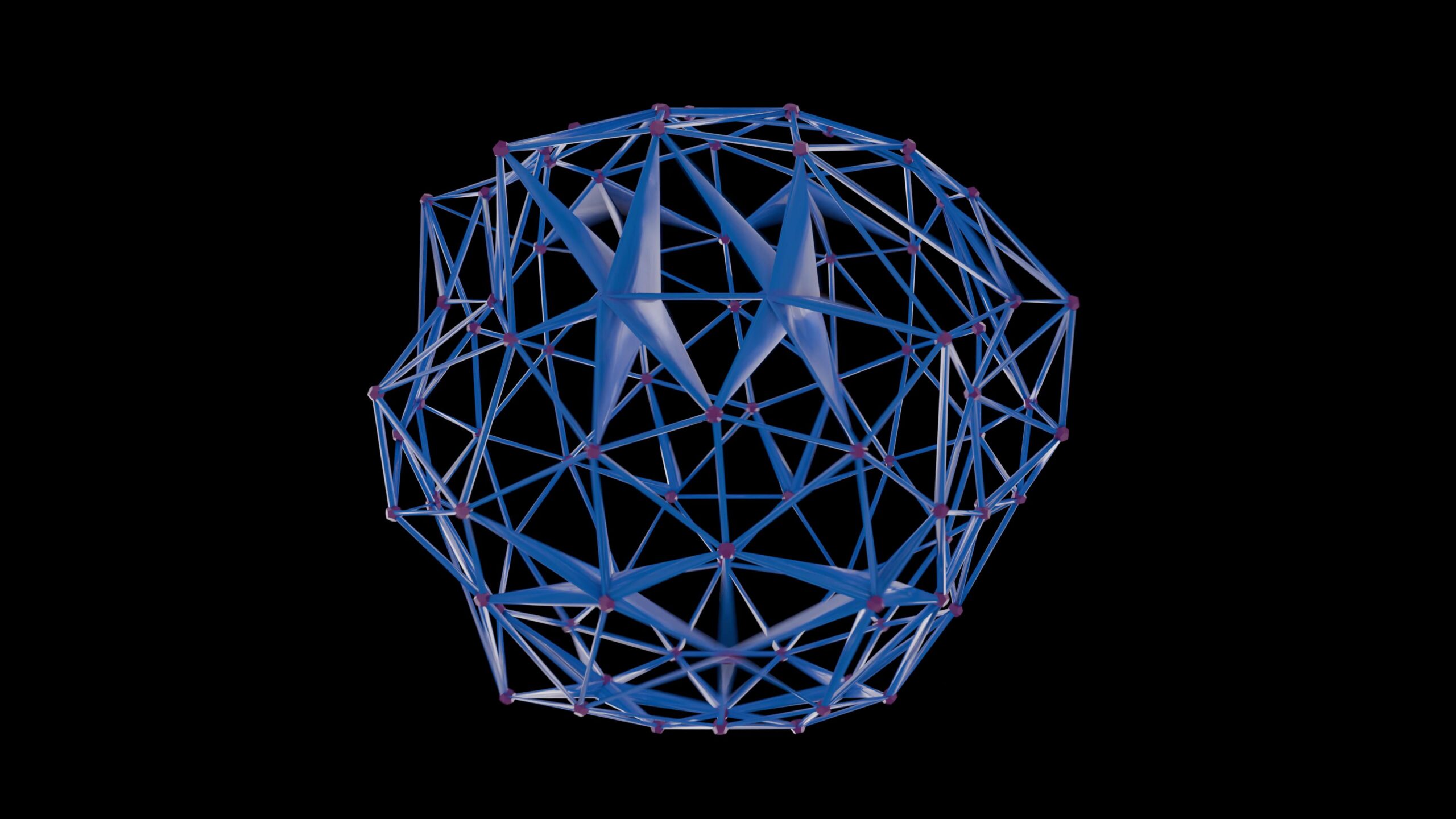 4K video of a glowing blue geometric sphere rotating on black background with red node connections.