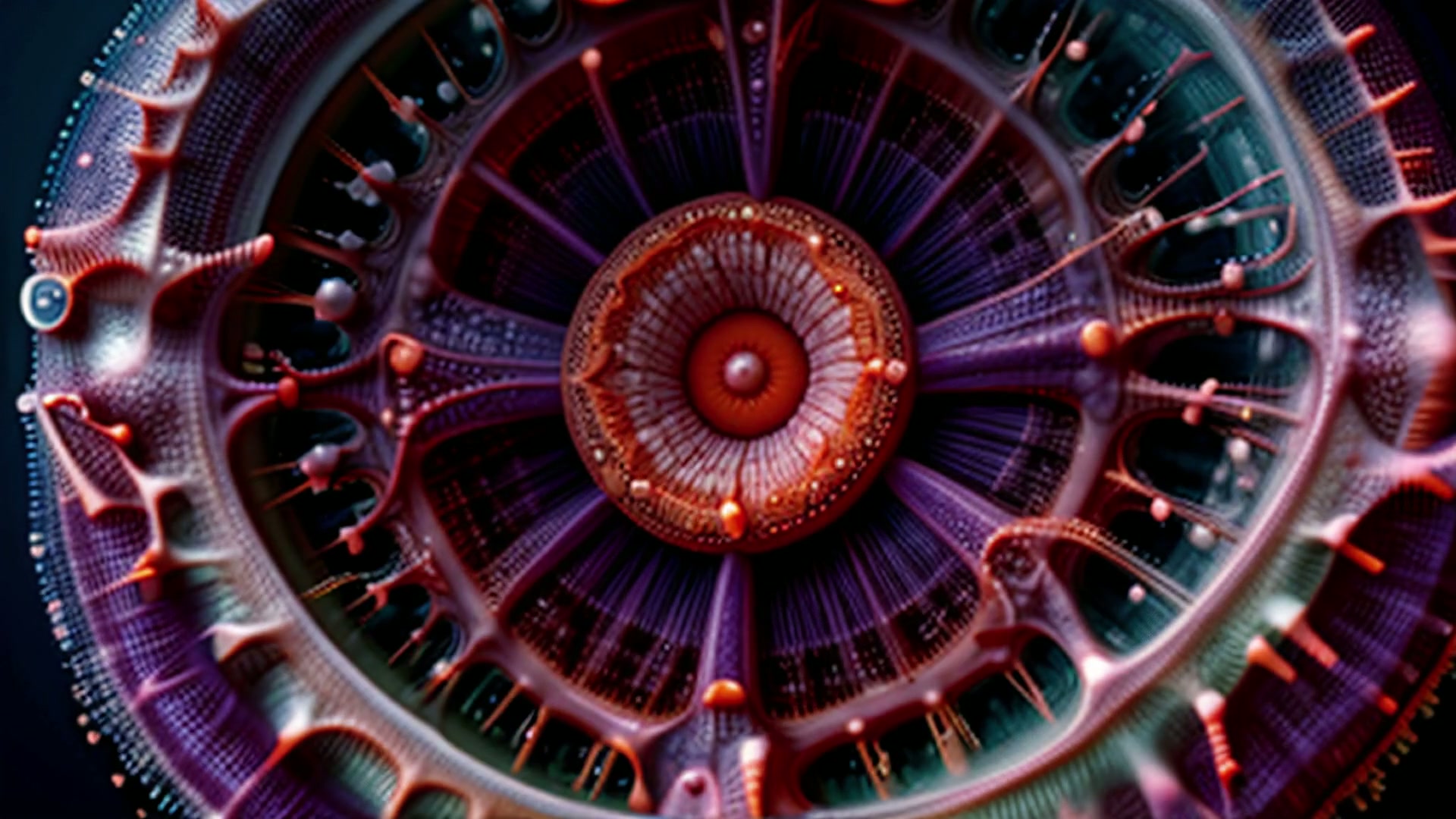 This video loop features an intricate, abstract design resembling a biological or microscopic structure.