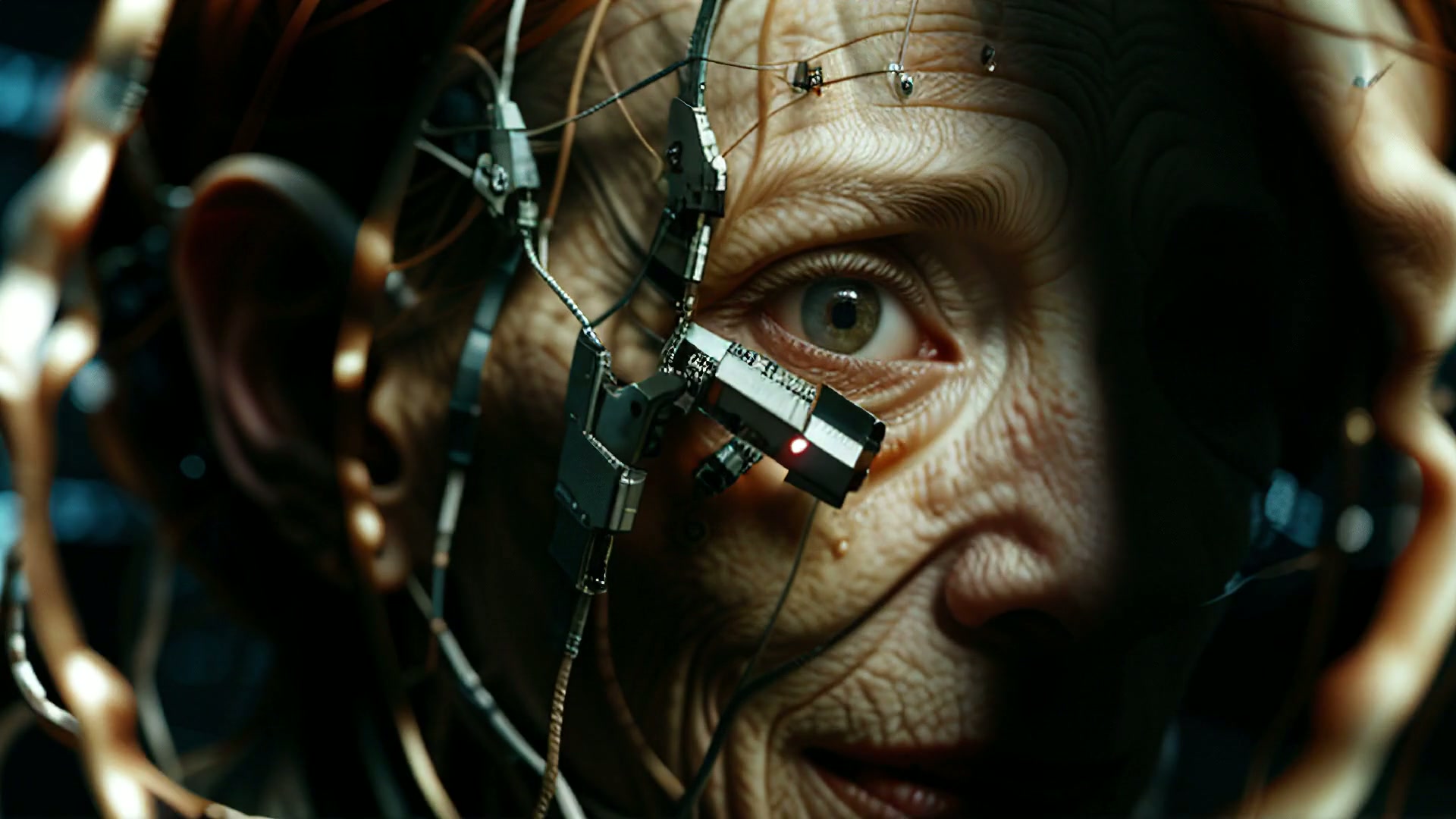 The video loop depicts a close-up of a human face with intricate mechanical components surrounding it.