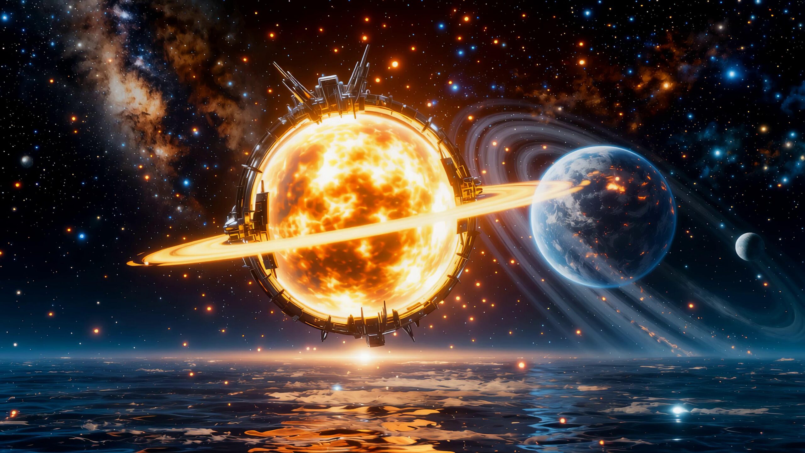 Futuristic solar station orbiting planet over ocean under starry sky