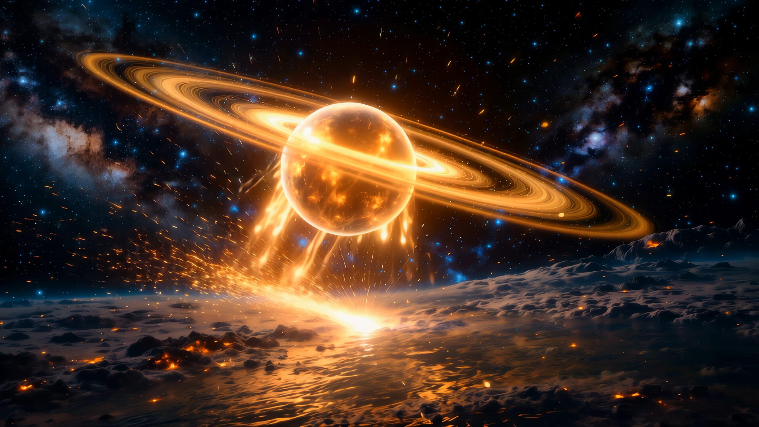 Glowing ringed planet descending on snowy alien world