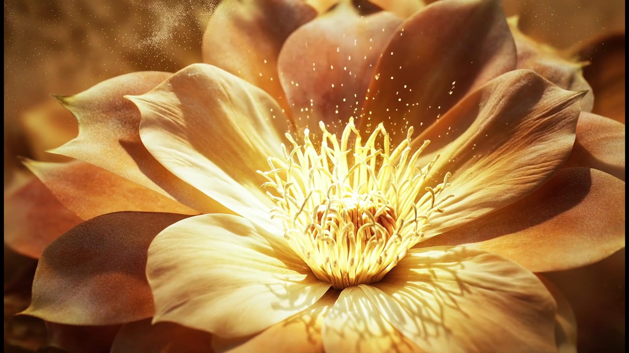 Close-up 4K video of a luminous golden flower opening with sparkling, pollination particles.